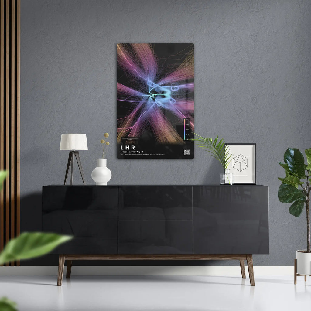 LHR flight path print — Aurora theme · Dark in foyer setting [hotspot:50]