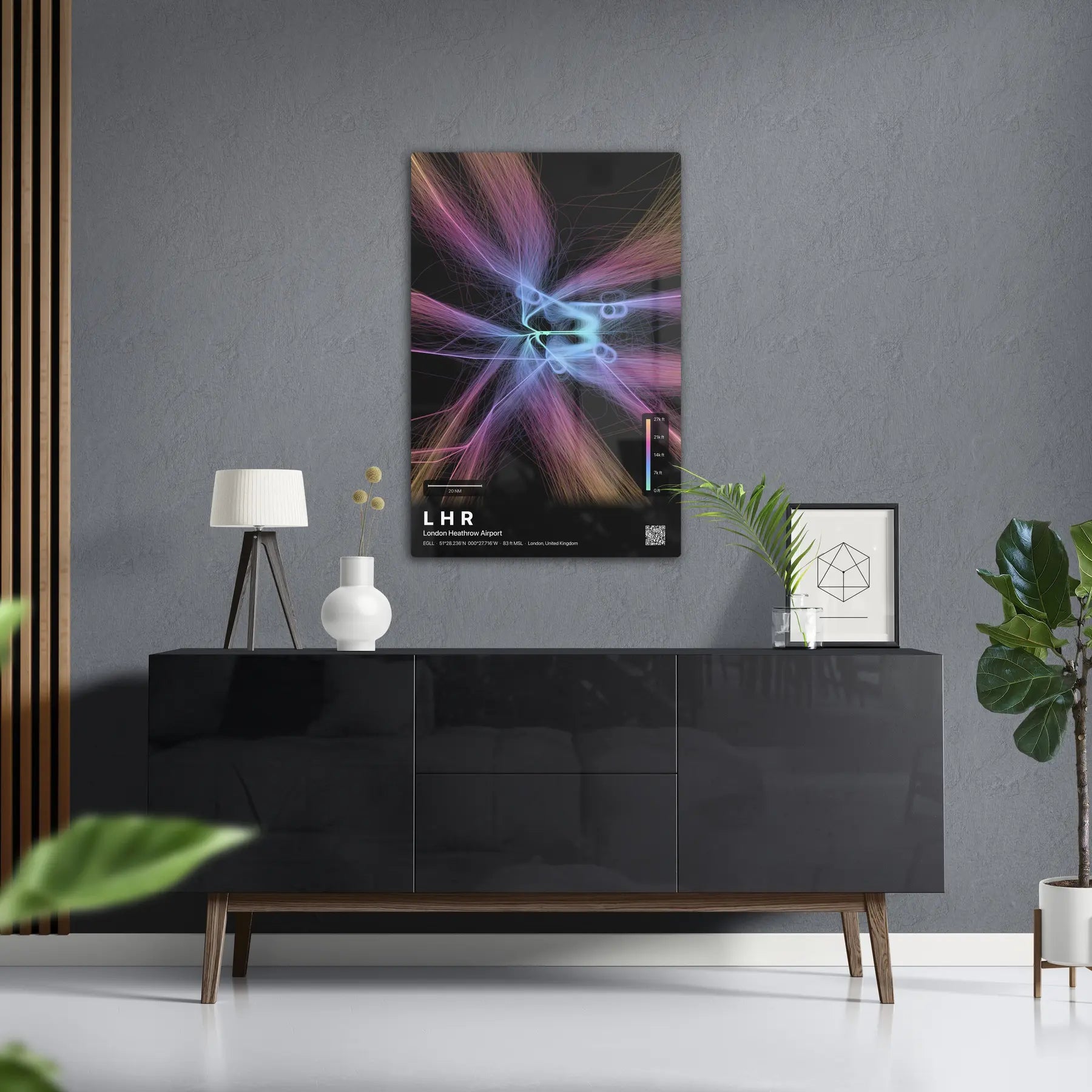 LHR flight path print — Aurora theme · Dark in foyer setting [hotspot:50]