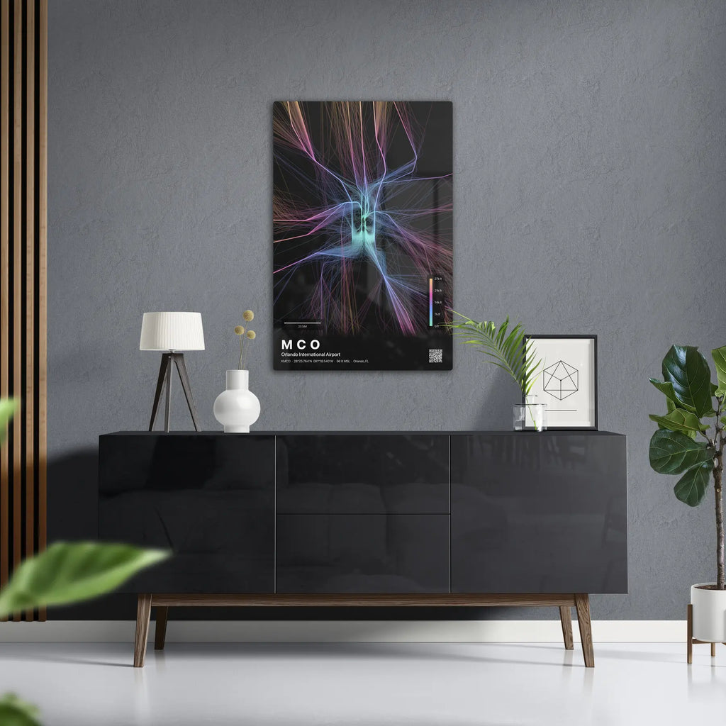 MCO flight path print — Aurora theme · Dark in foyer setting [hotspot:50]