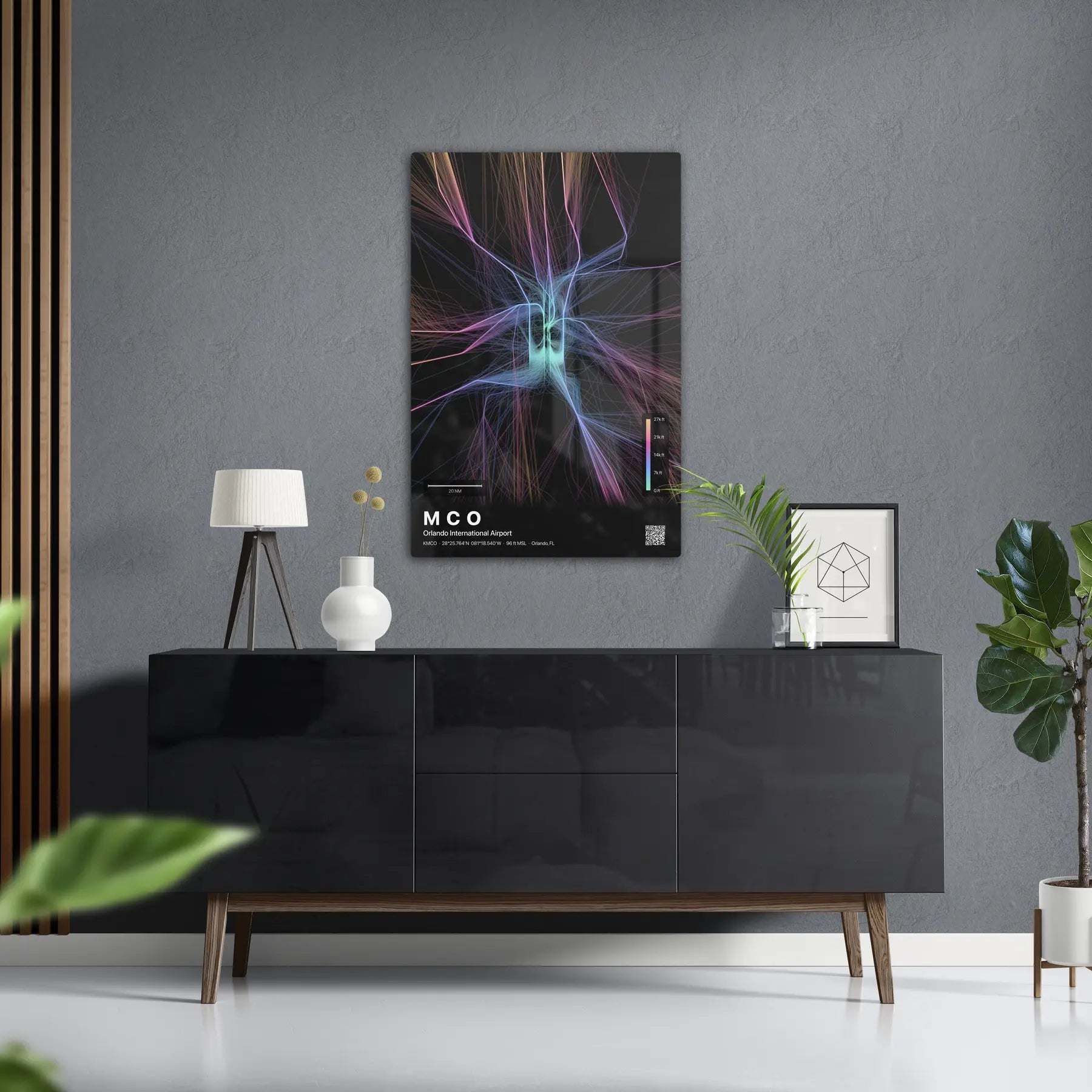 MCO flight path print — Aurora theme · Dark in foyer setting [hotspot:50]