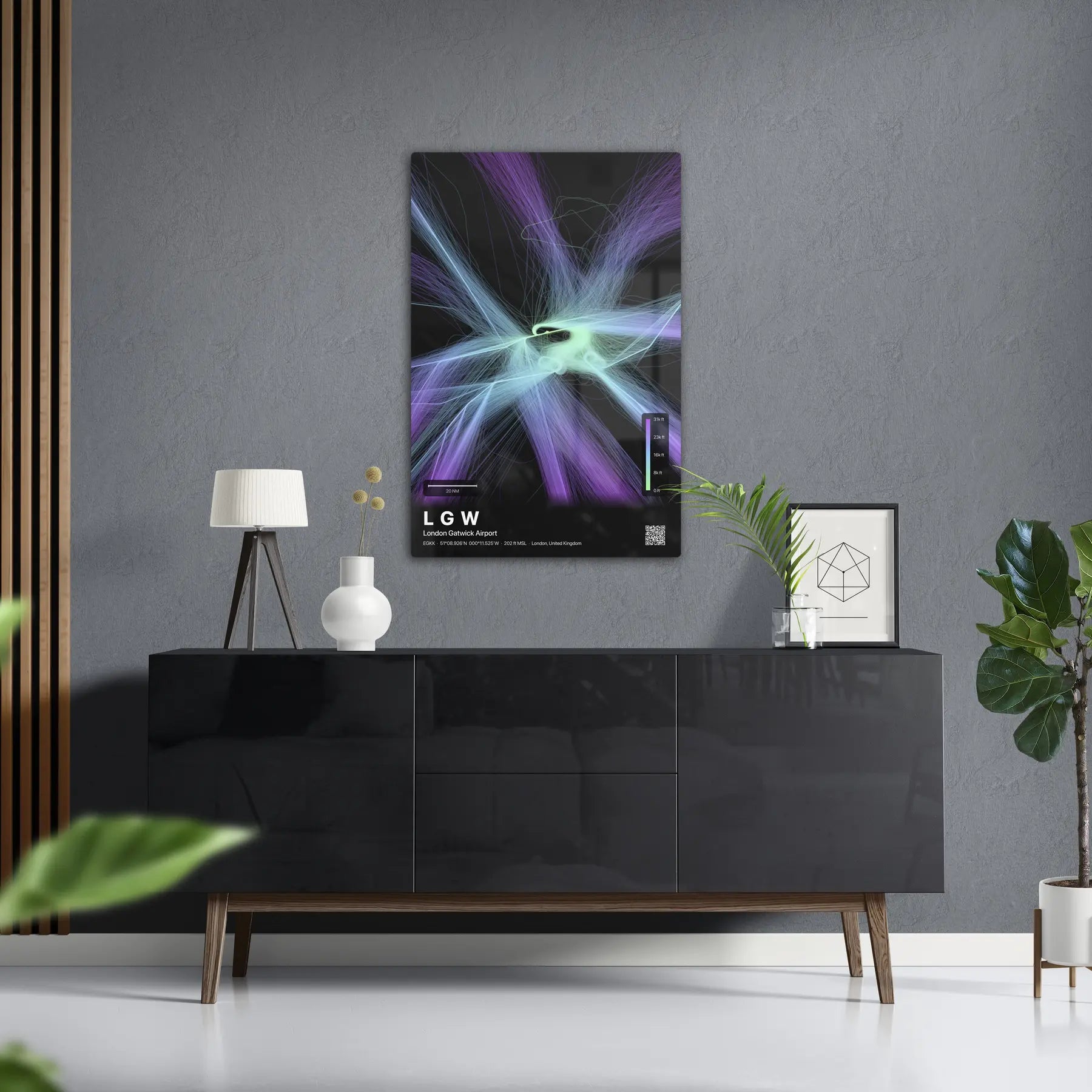 LGW flight path print — Prism theme · Dark in foyer setting [hotspot:50]