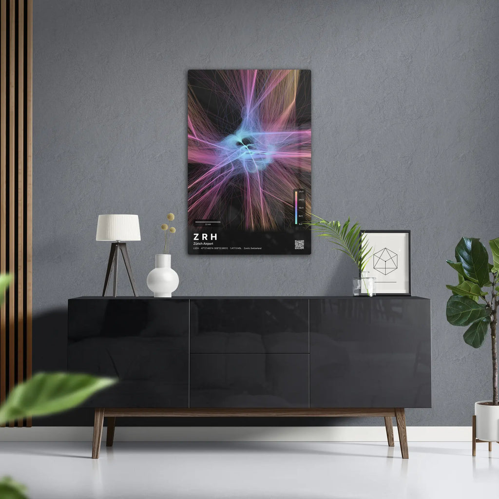 ZRH flight path print — Aurora theme · Dark in foyer setting [hotspot:50]