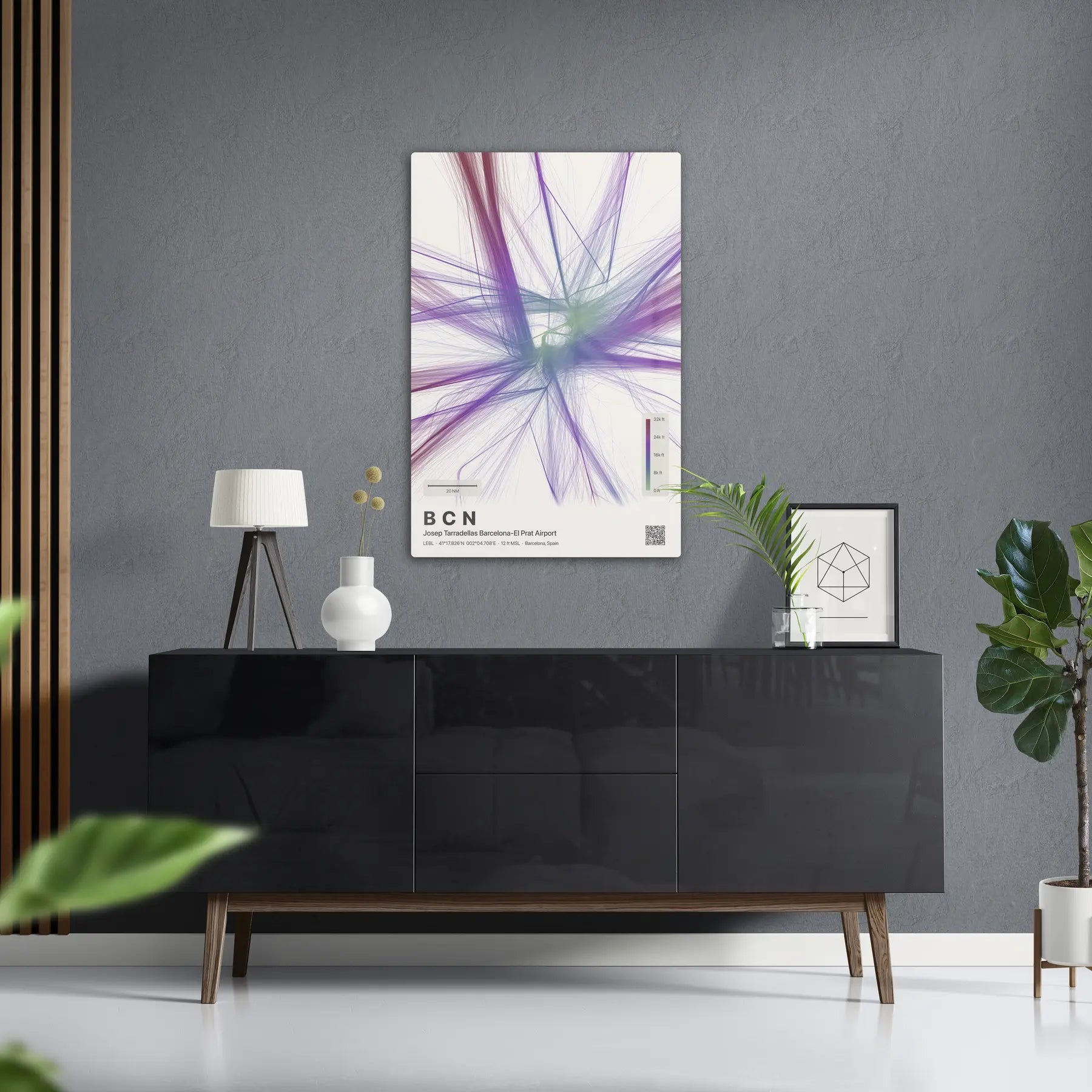BCN flight path print — Prism theme · Light in foyer setting [hotspot:50]
