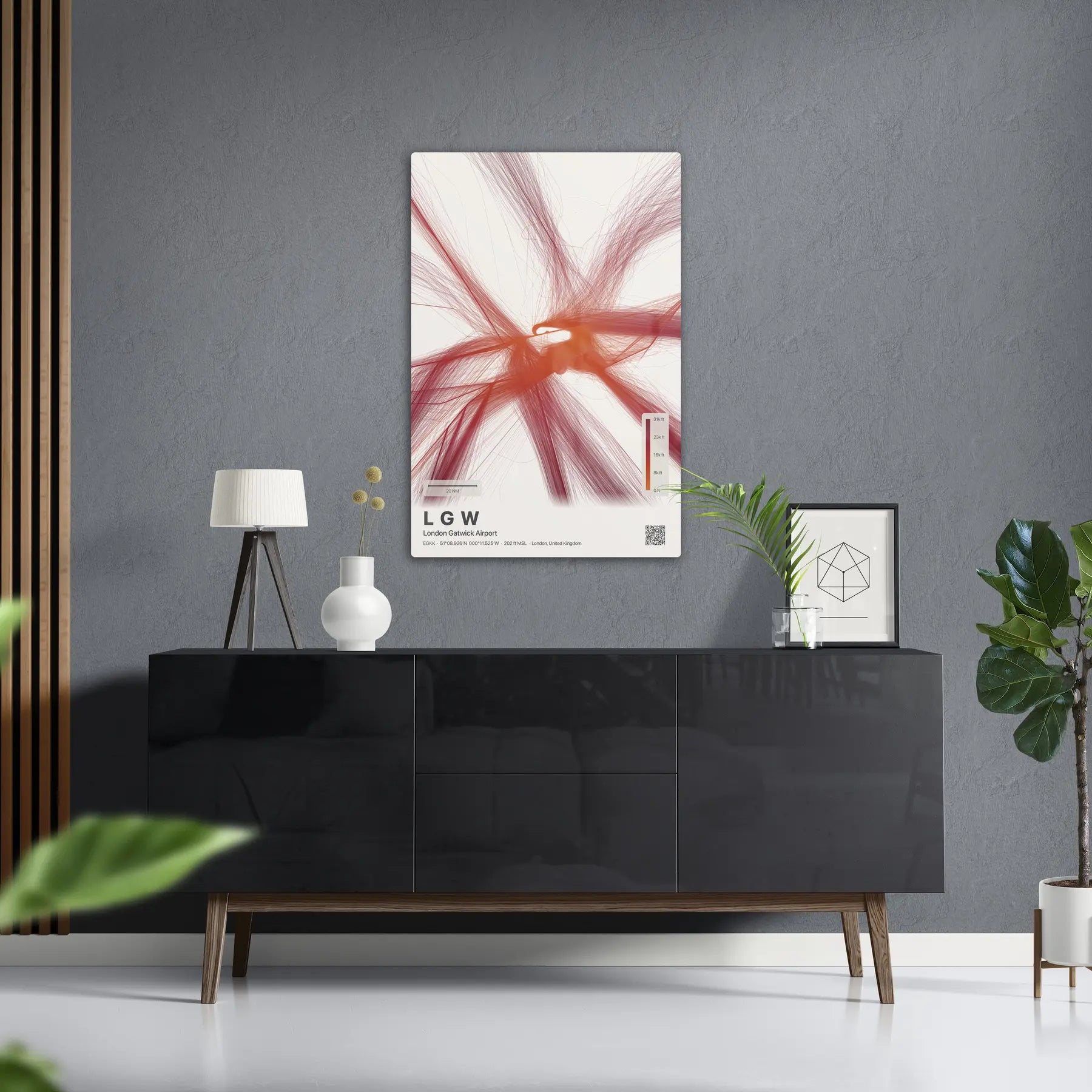 LGW flight path print — Inferno theme · Light in foyer setting [hotspot:50]