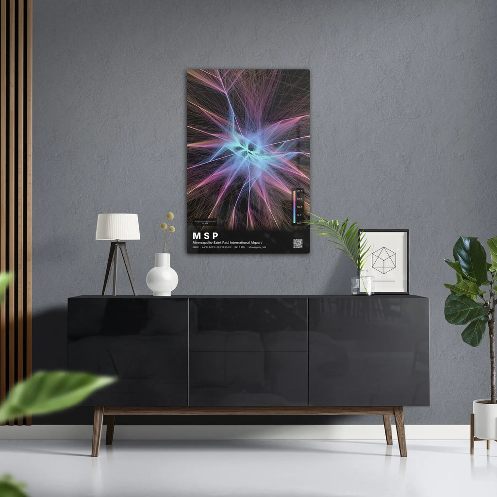 MSP flight path print — Aurora theme · Dark in foyer setting [hotspot:50]