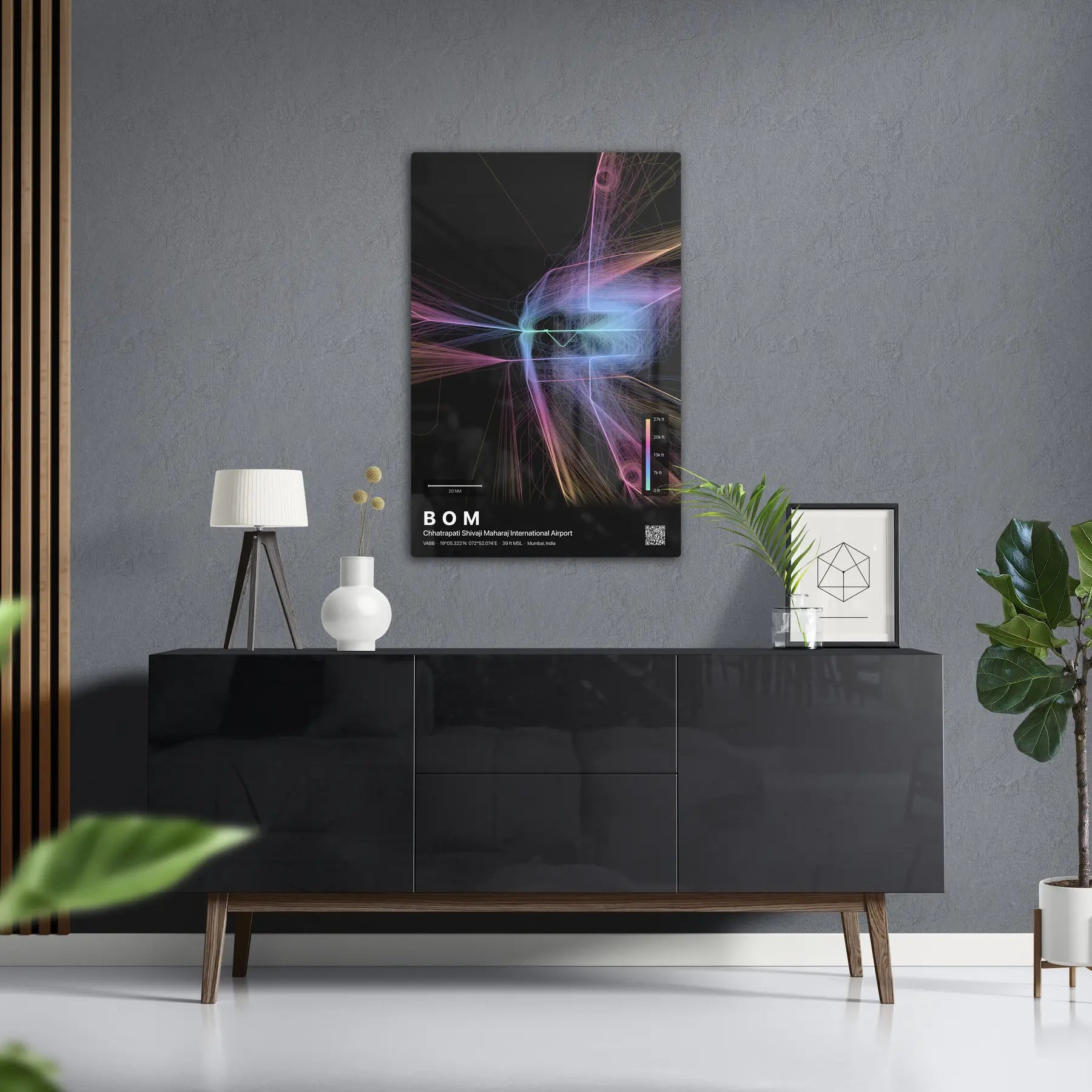 BOM flight path print — Aurora theme · Dark in foyer setting [hotspot:50]