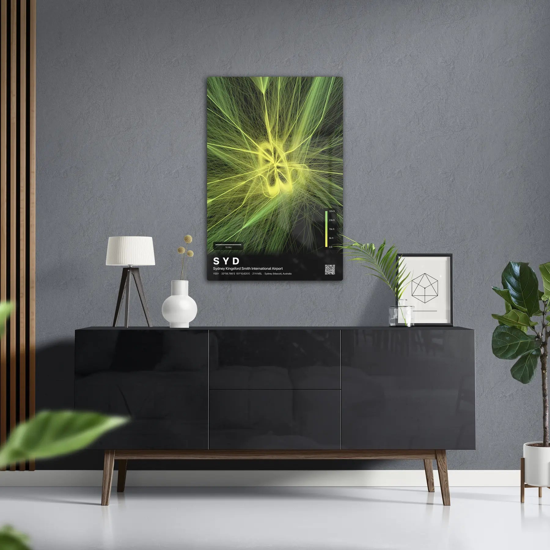 SYD flight path print — Citrus theme · Dark in foyer setting [hotspot:50]