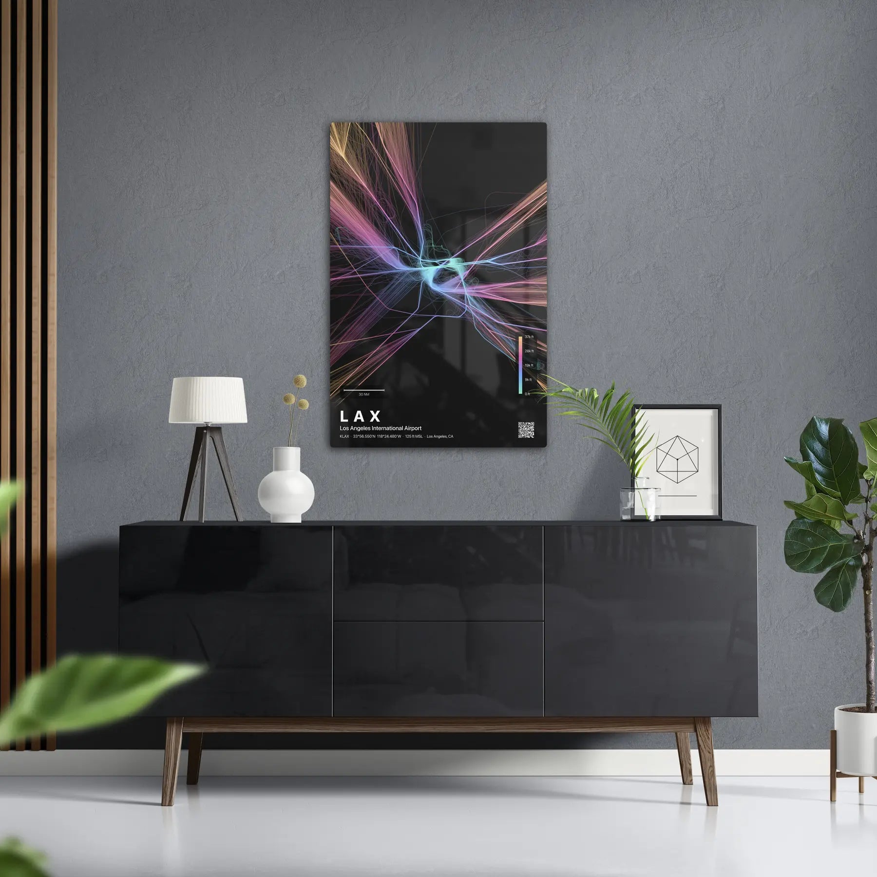 LAX flight path print — Aurora theme · Dark in foyer setting [hotspot:50]