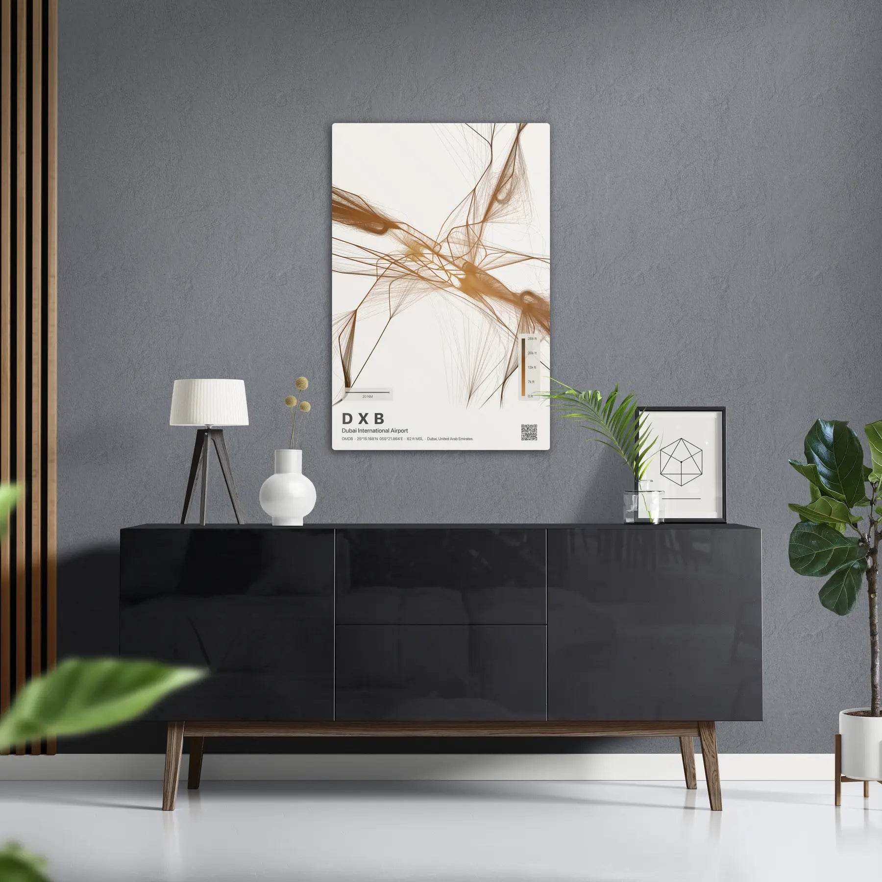 DXB flight path print — Solana theme · Light in foyer setting [hotspot:50]