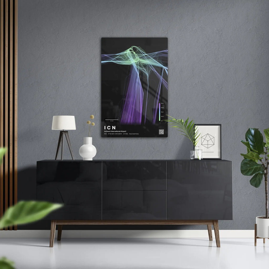 ICN flight path print — Prism theme · Dark in foyer setting [hotspot:50]