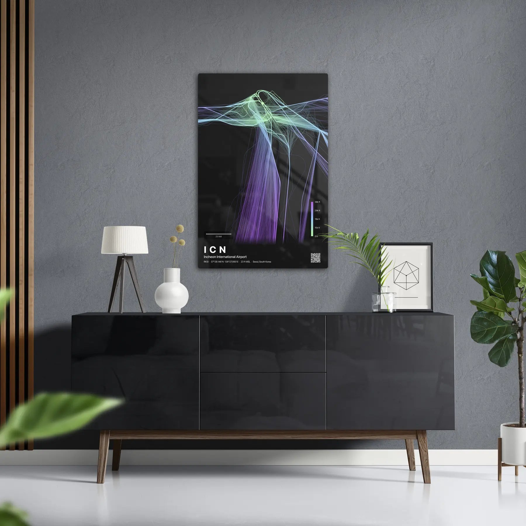 ICN flight path print — Prism theme · Dark in foyer setting [hotspot:50]