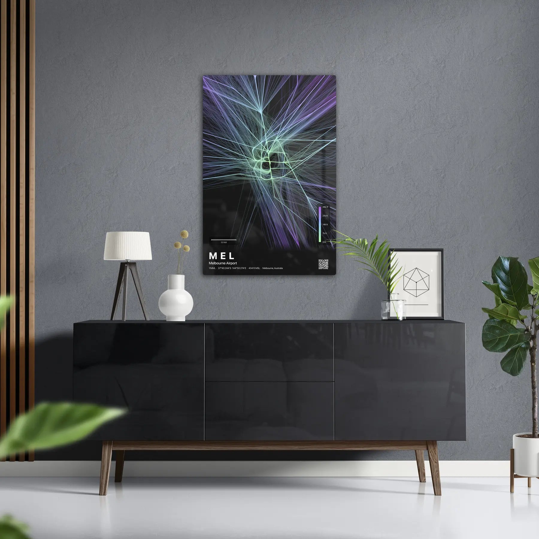 MEL flight path print — Prism theme · Dark in foyer setting [hotspot:50]