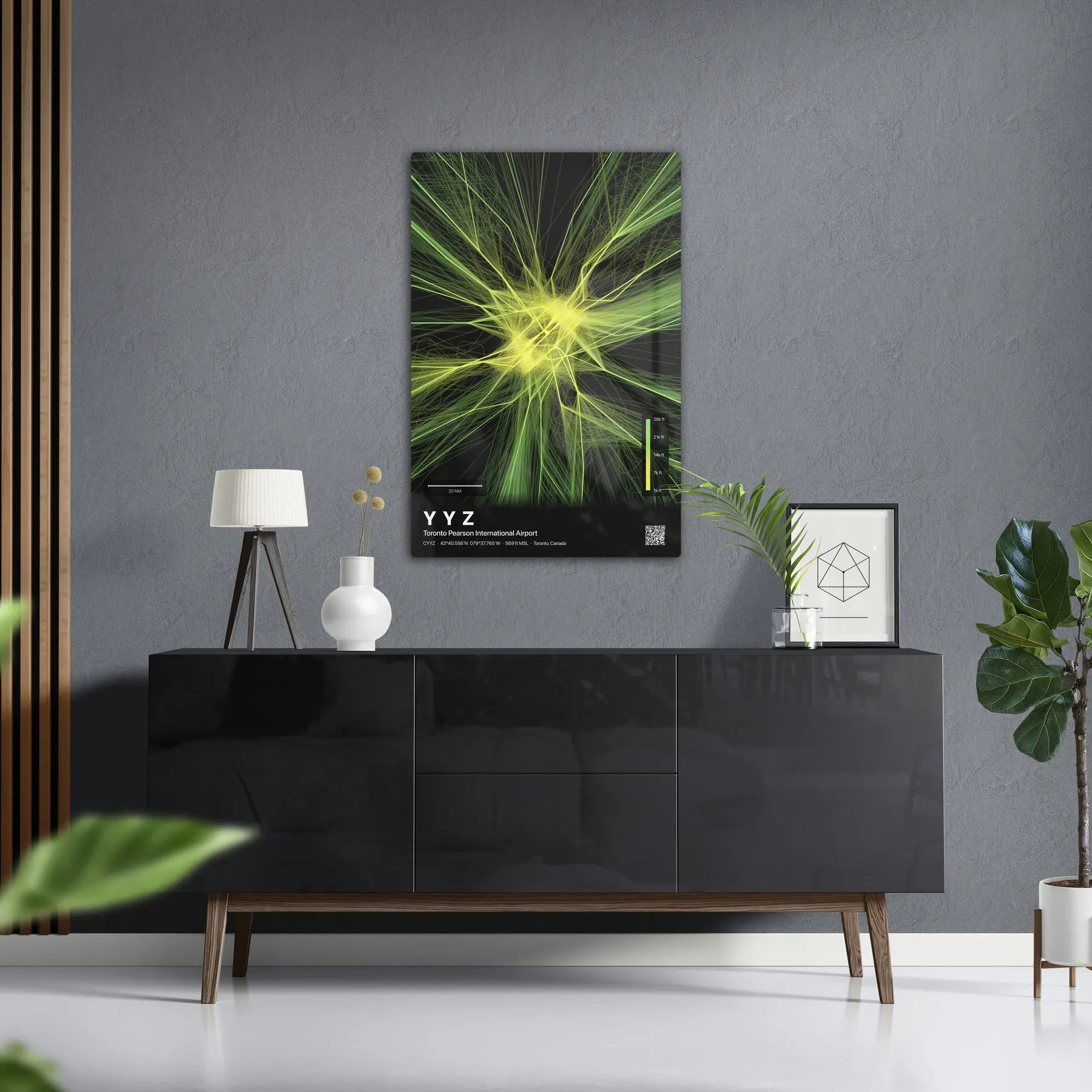 YYZ flight path print — Citrus theme · Dark in foyer setting [hotspot:50]