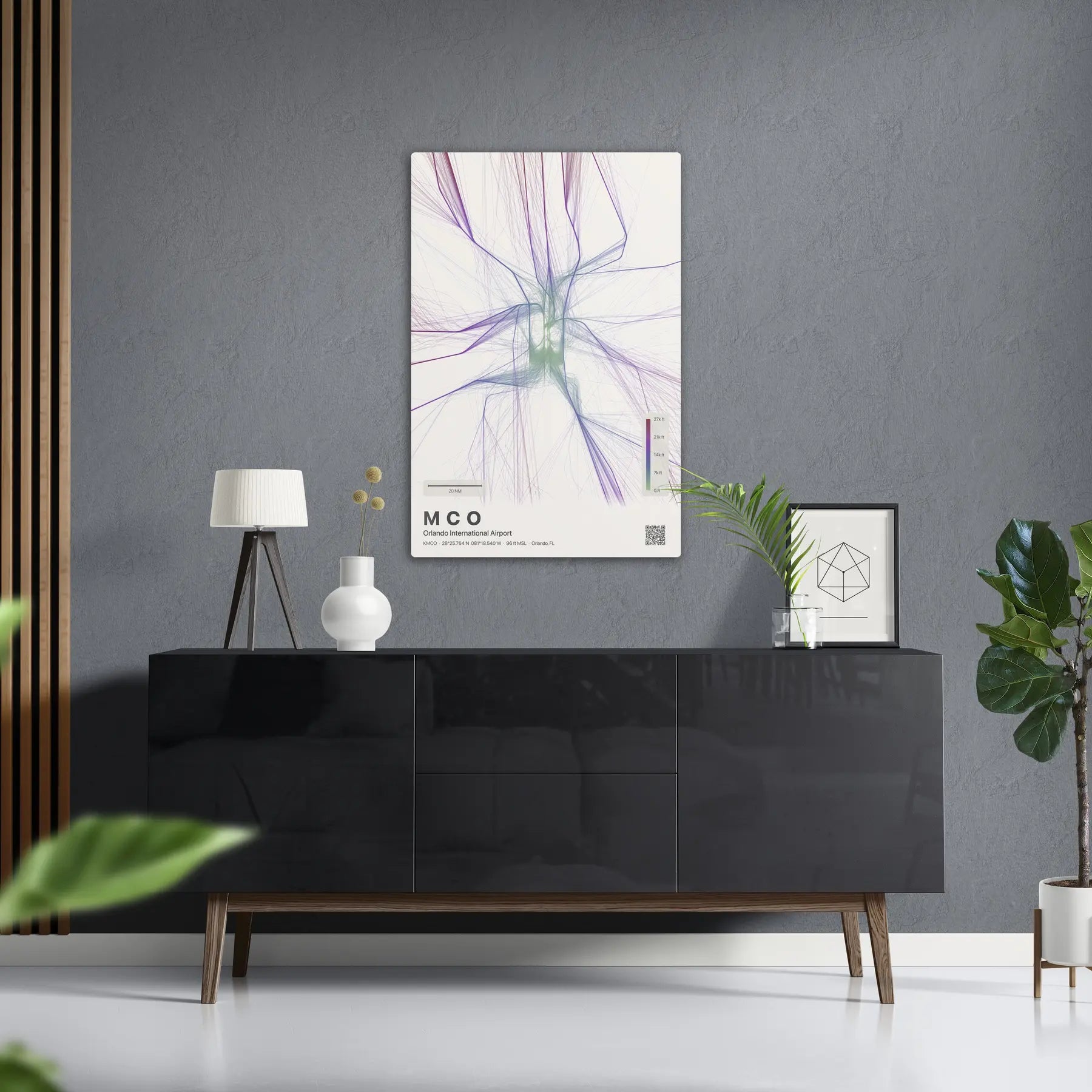 MCO flight path print — Prism theme · Light in foyer setting [hotspot:50]