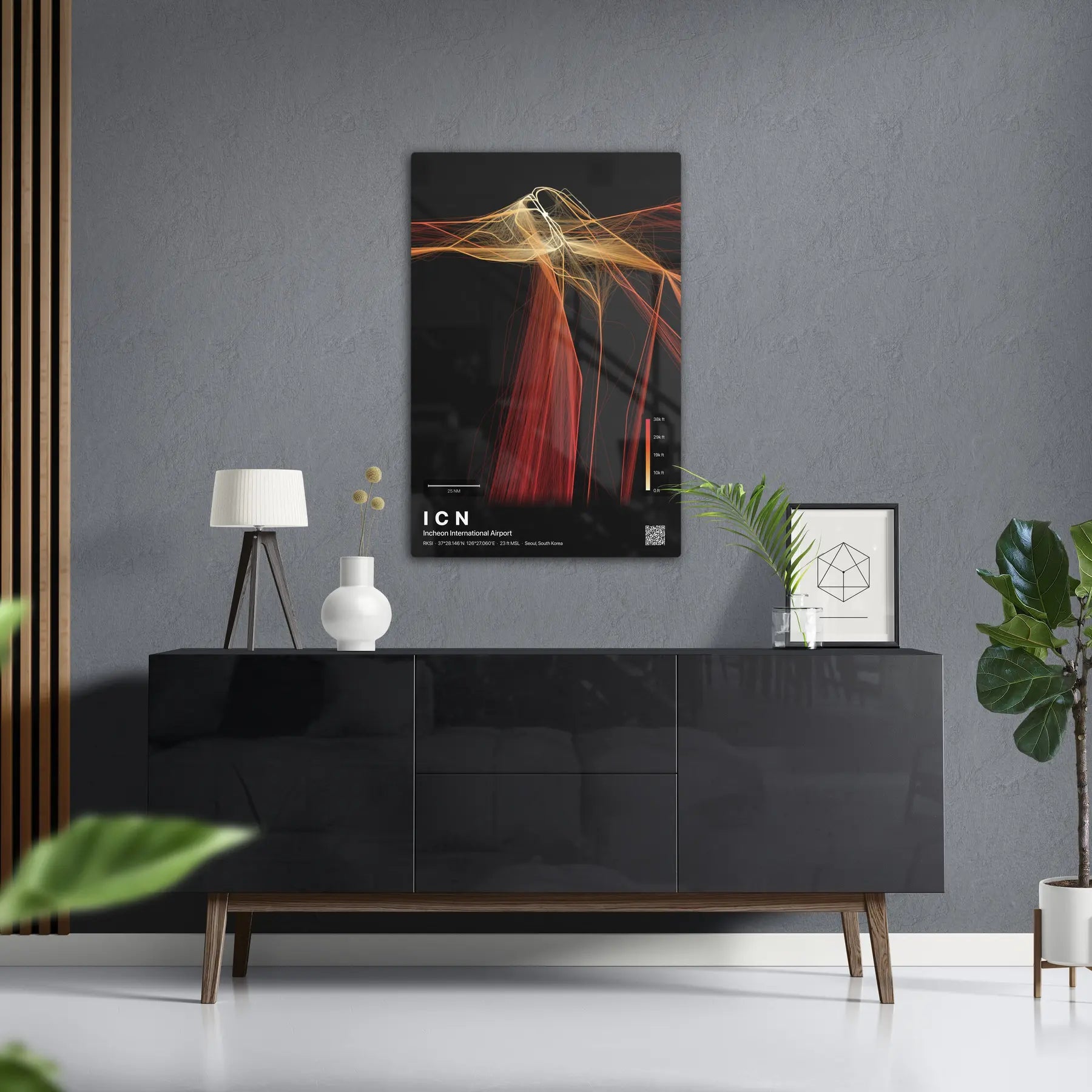 ICN flight path print — Inferno theme · Dark in foyer setting [hotspot:50]