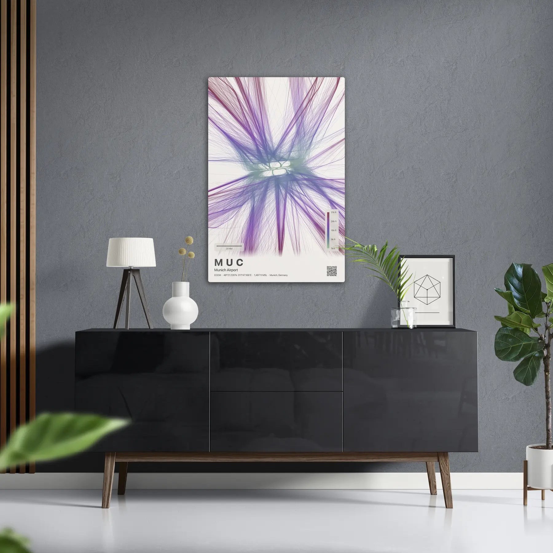 MUC flight path print — Prism theme · Light in foyer setting [hotspot:50]