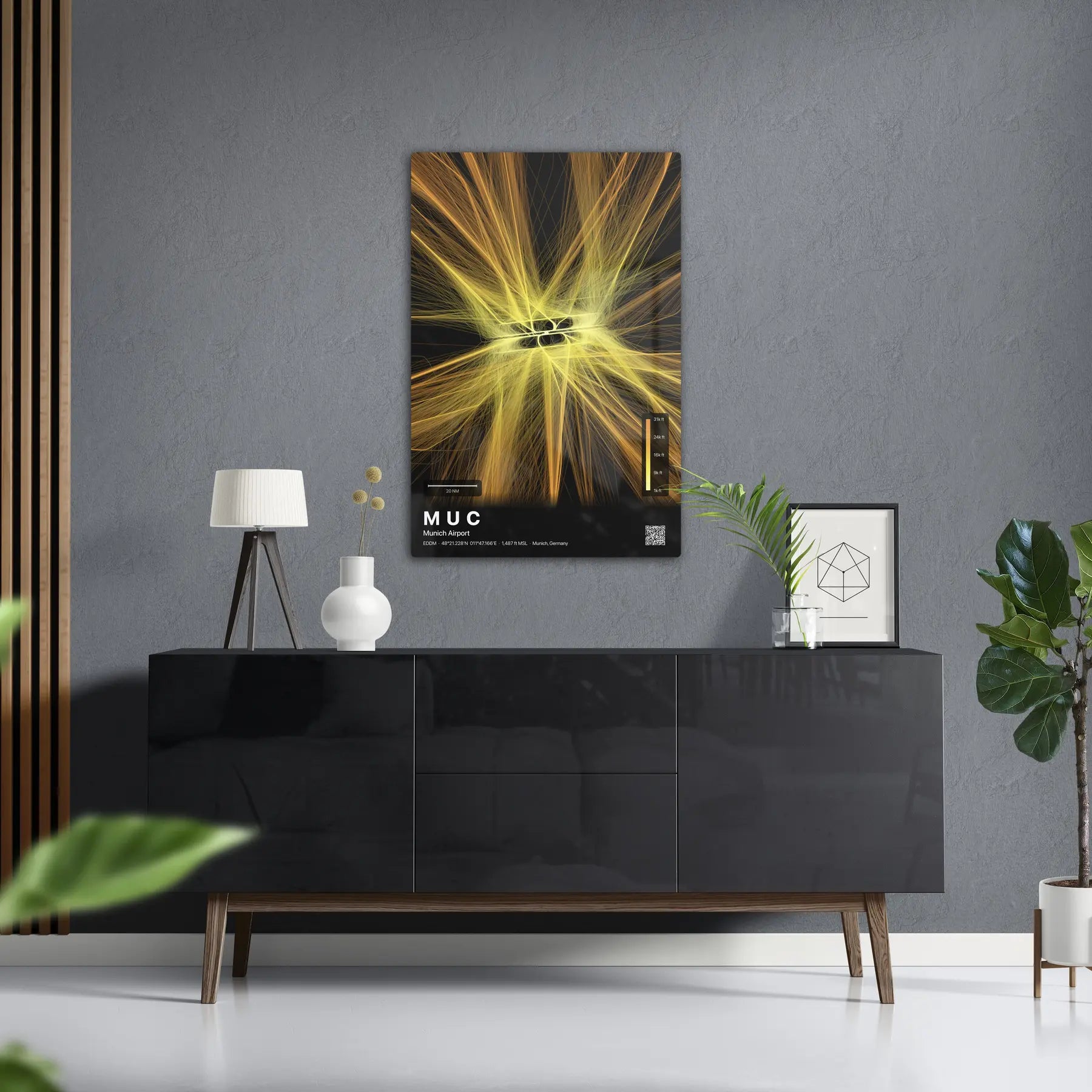 MUC flight path print — Solana theme · Dark in foyer setting [hotspot:50]