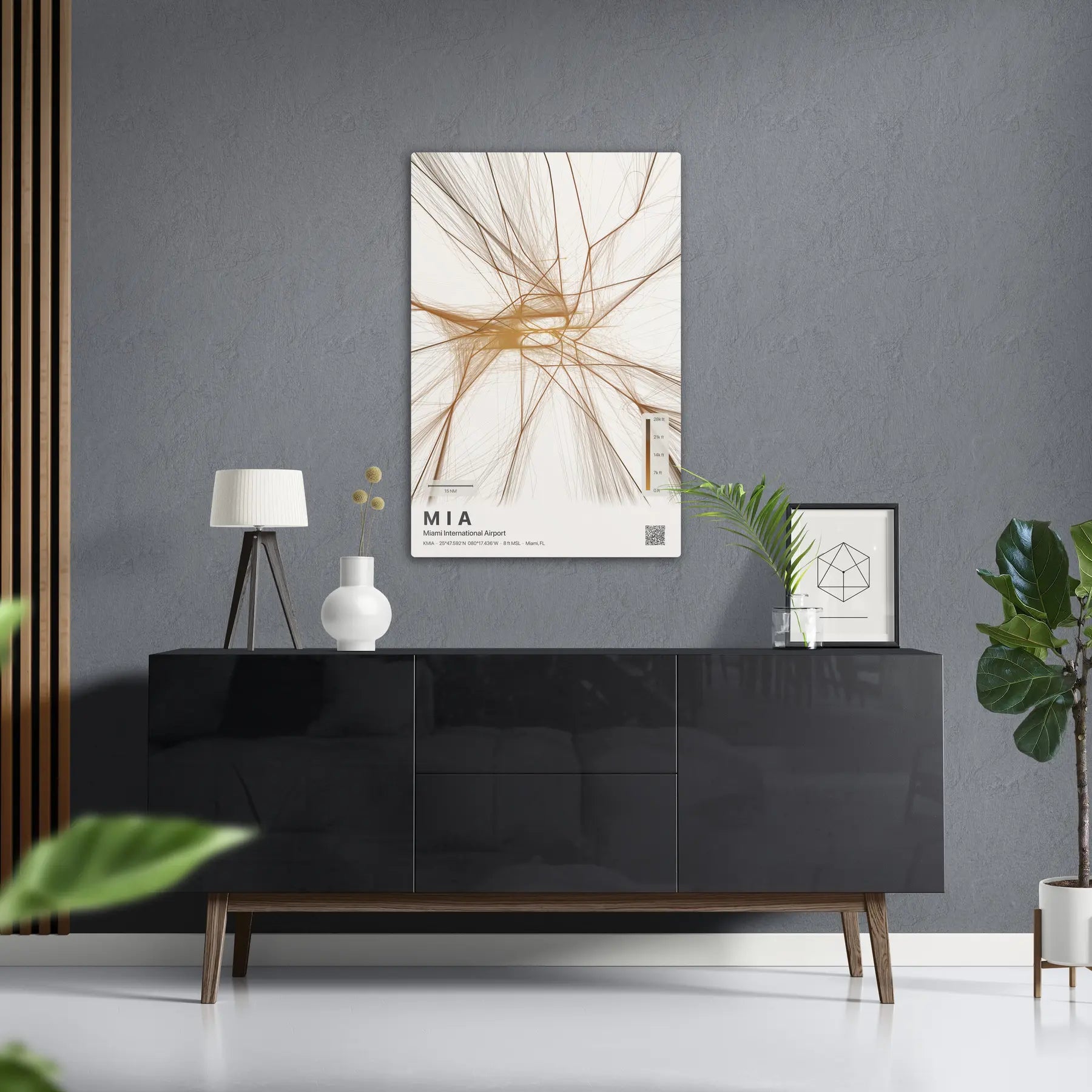 MIA flight path print — Solana theme · Light in foyer setting [hotspot:50]