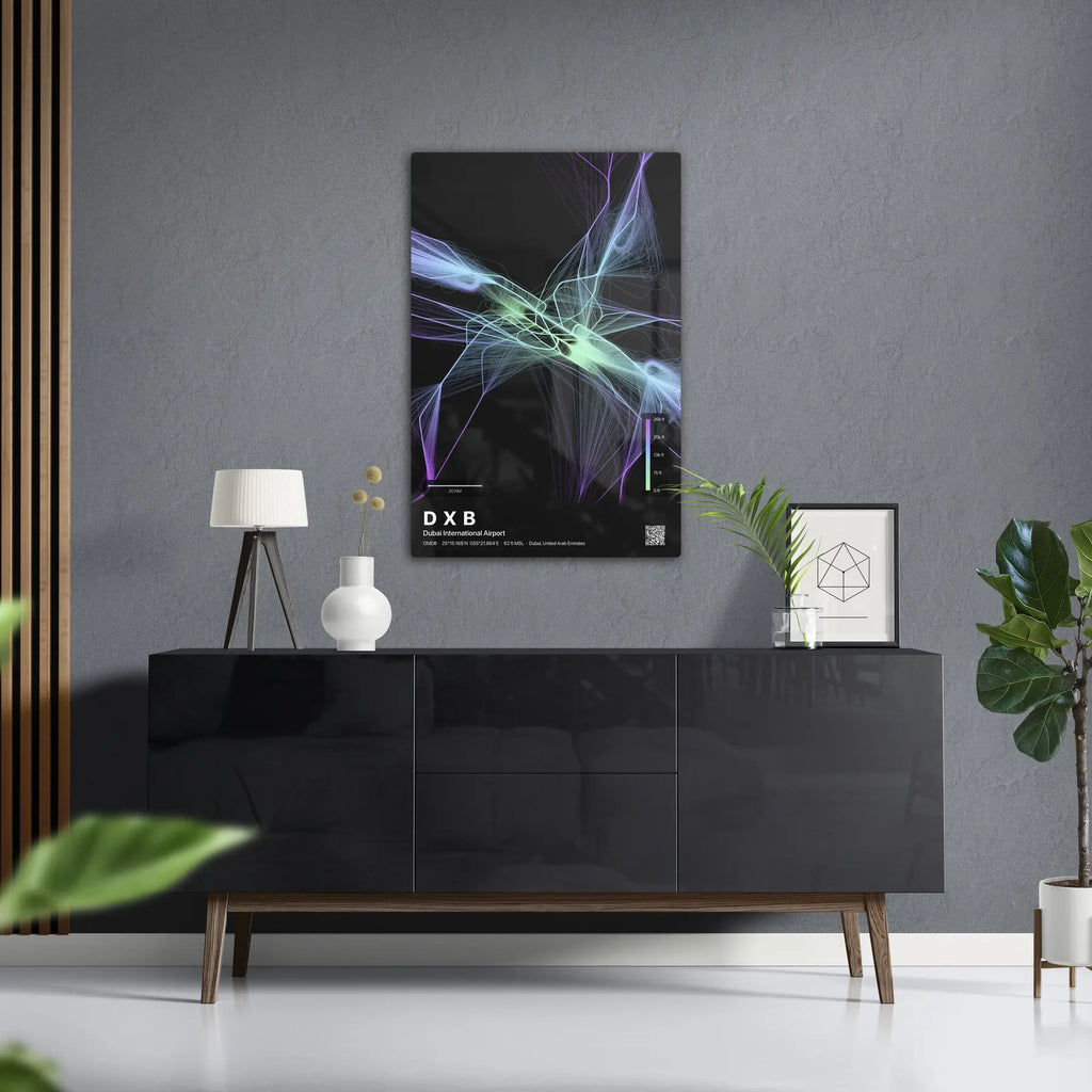 DXB flight path print — Prism theme · Dark in foyer setting [hotspot:50]