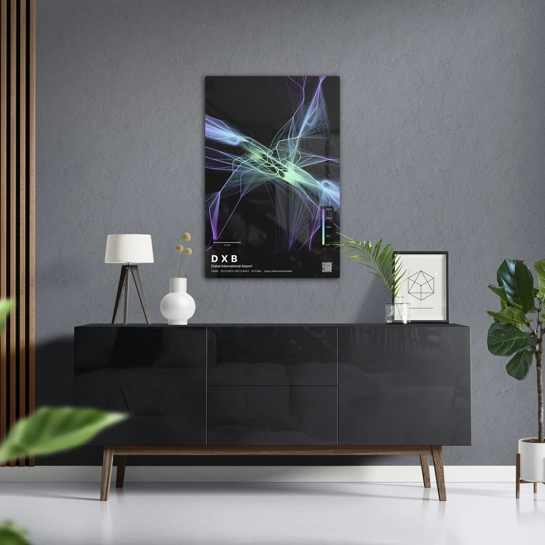 DXB flight path print — Prism theme · Dark in foyer setting [hotspot:50]