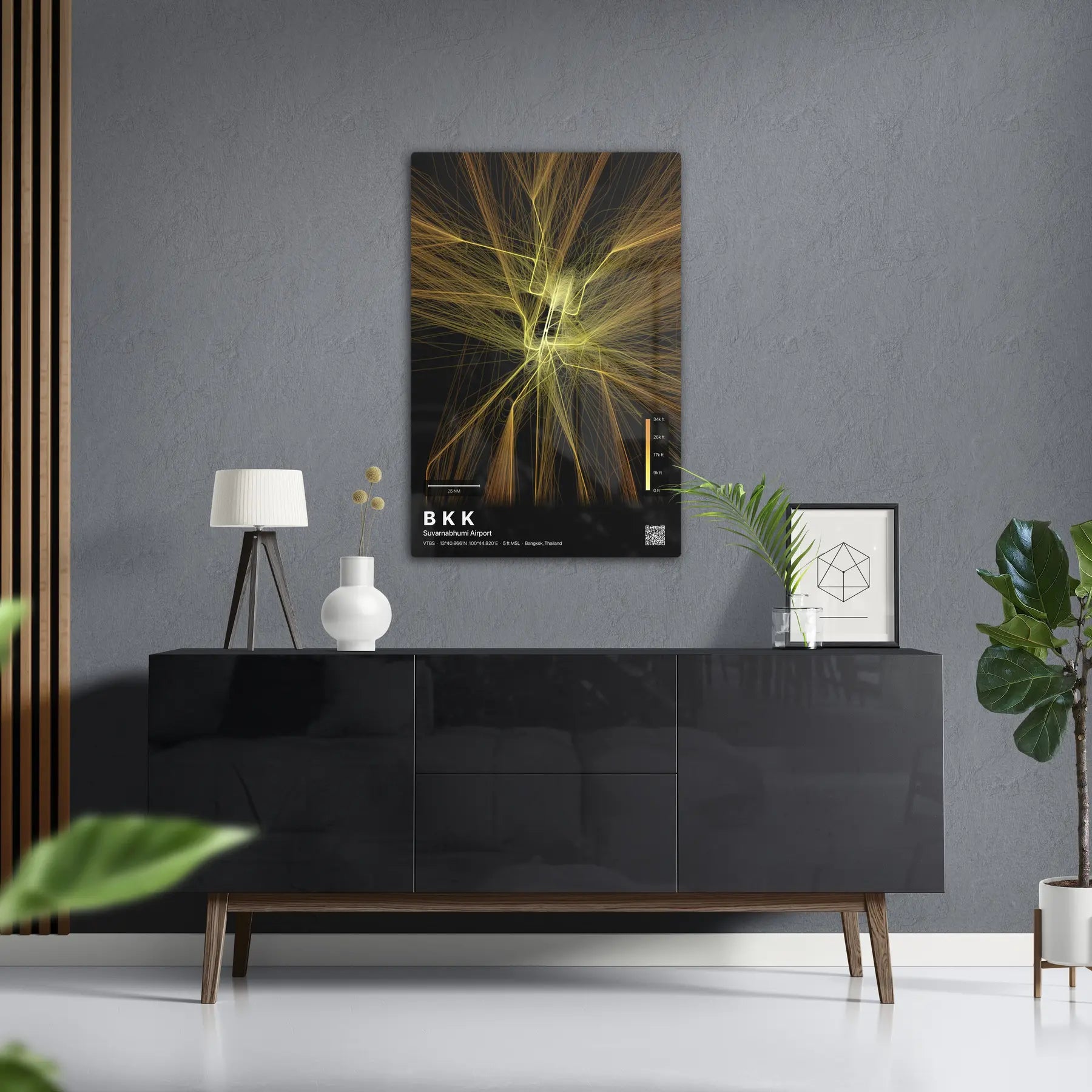 BKK flight path print — Solana theme · Dark in foyer setting [hotspot:50]
