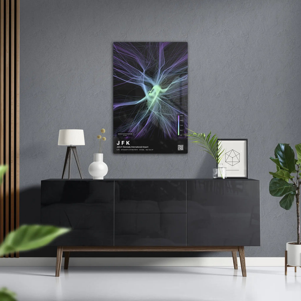 JFK flight path print — Prism theme · Dark in foyer setting [hotspot:50]