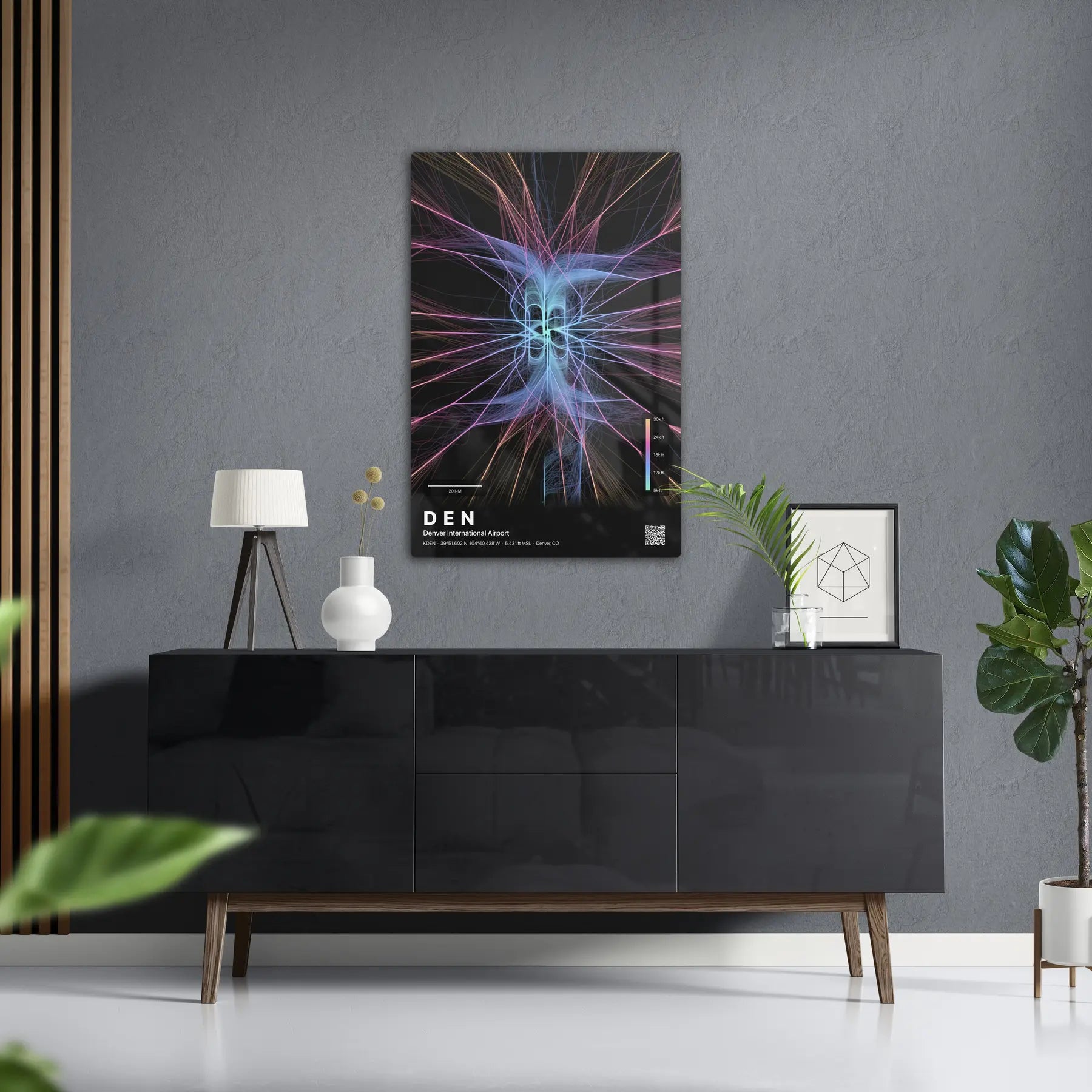 DEN flight path print — Aurora theme · Dark in foyer setting [hotspot:50]