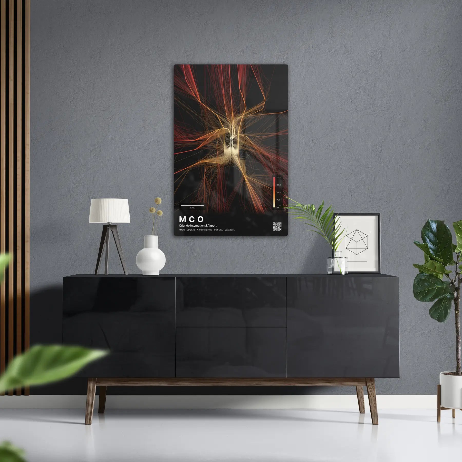 MCO flight path print — Inferno theme · Dark in foyer setting [hotspot:50]
