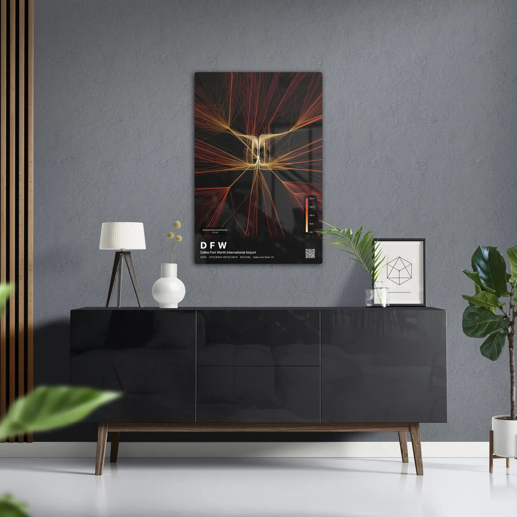 DFW flight path print — Inferno theme · Dark in foyer setting [hotspot:50]