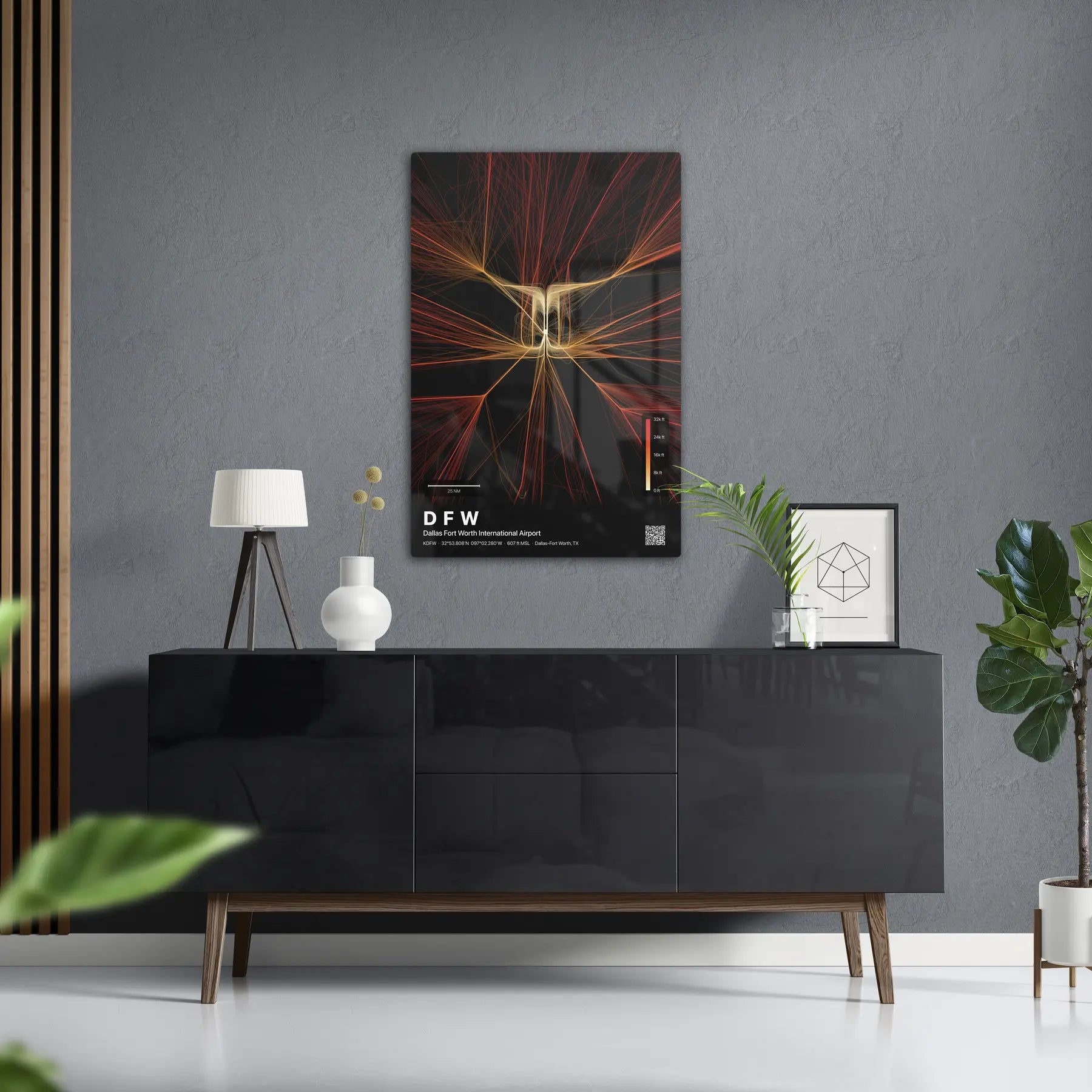 DFW flight path print — Inferno theme · Dark in foyer setting [hotspot:50]