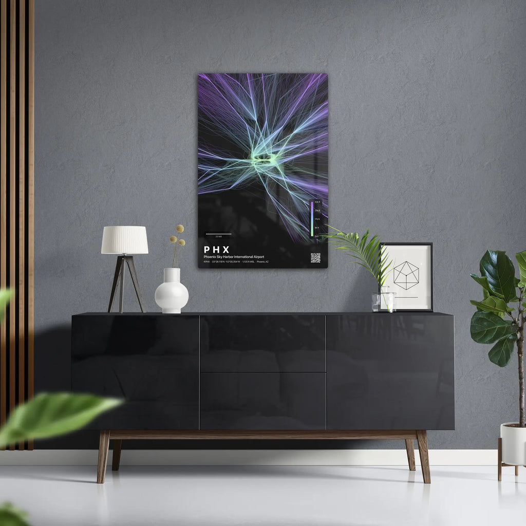 PHX flight path print — Prism theme · Dark in foyer setting [hotspot:50]