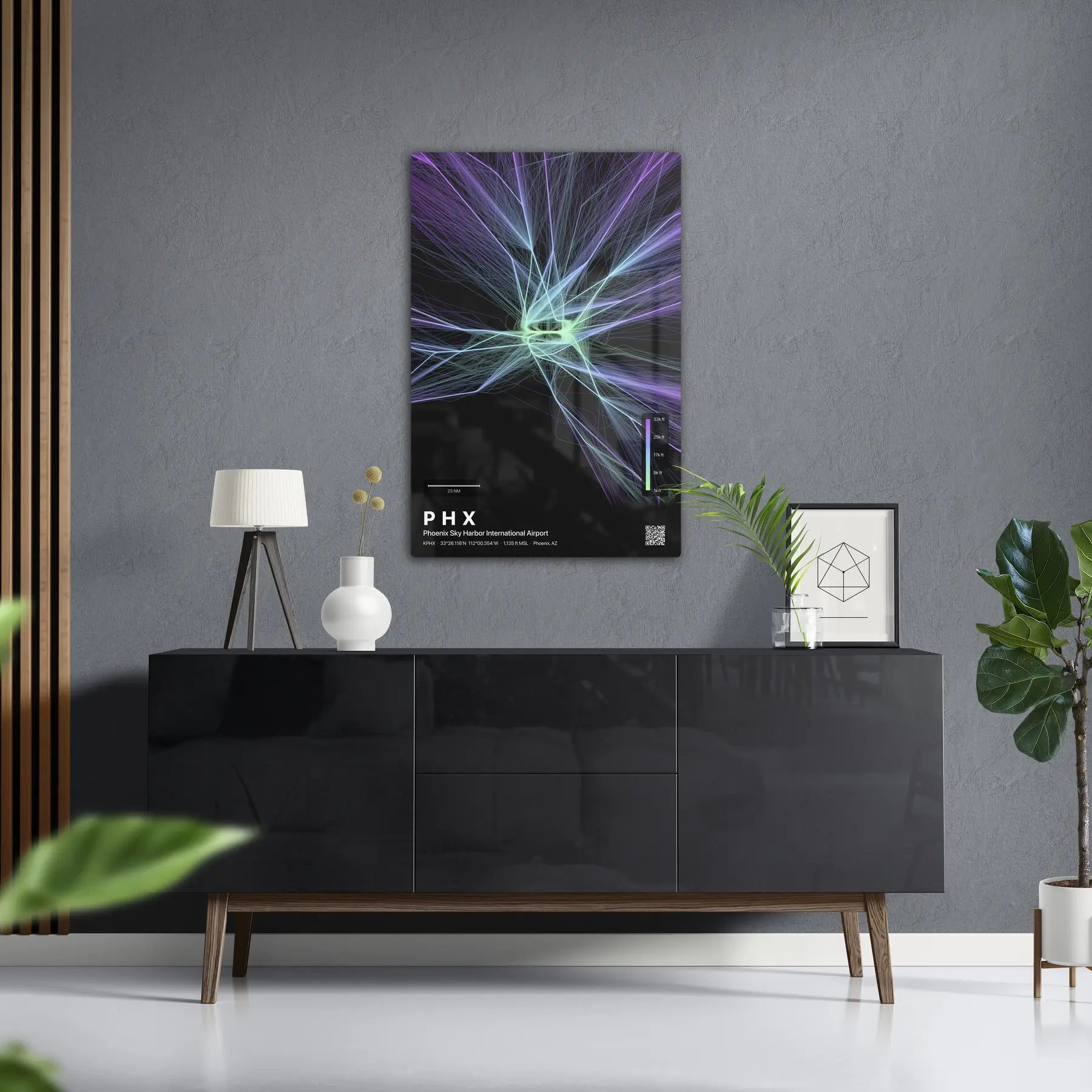 PHX flight path print — Prism theme · Dark in foyer setting [hotspot:50]