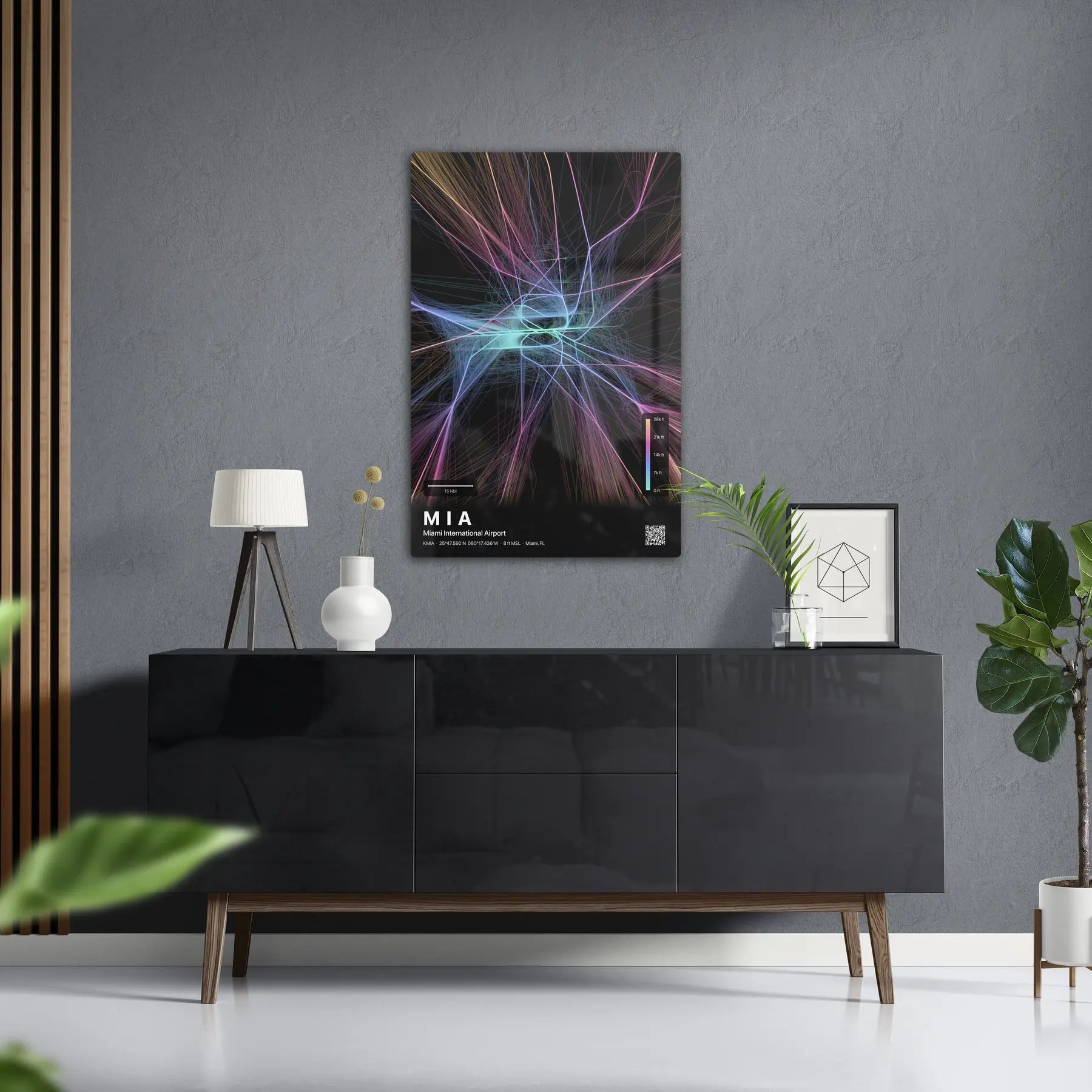 MIA flight path print — Aurora theme · Dark in foyer setting [hotspot:50]