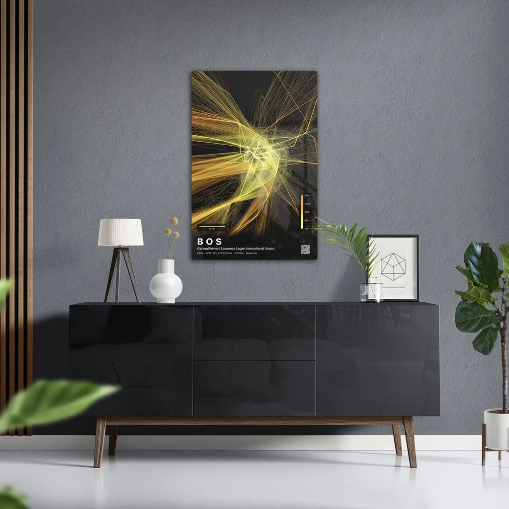 BOS flight path print — Solana theme · Dark in foyer setting [hotspot:50]