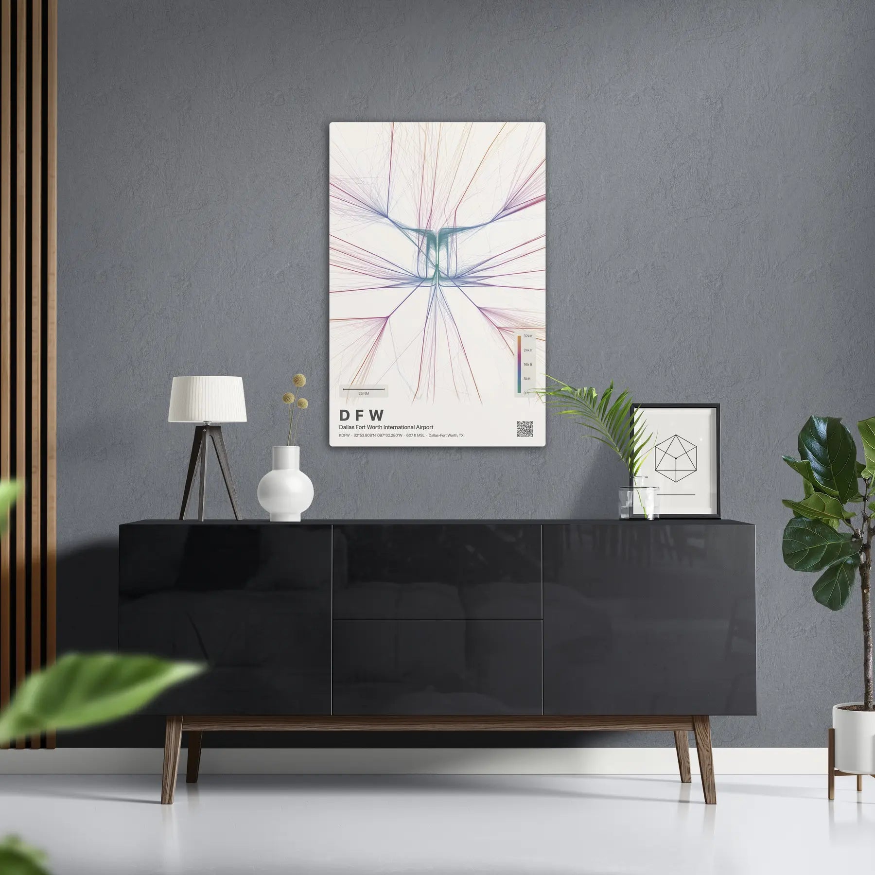 DFW flight path print — Aurora theme · Light in foyer setting [hotspot:50]
