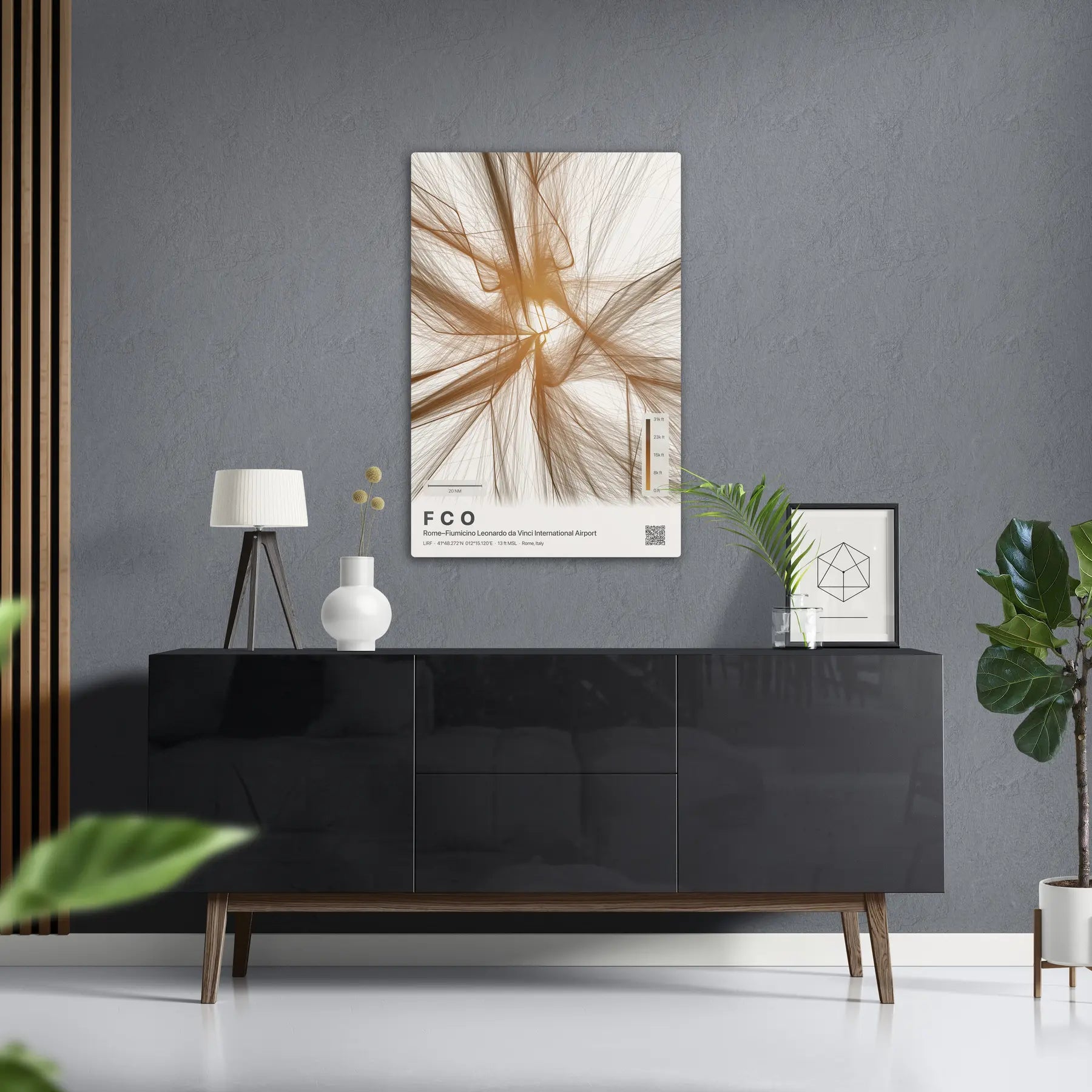 FCO flight path print — Solana theme · Light in foyer setting [hotspot:50]
