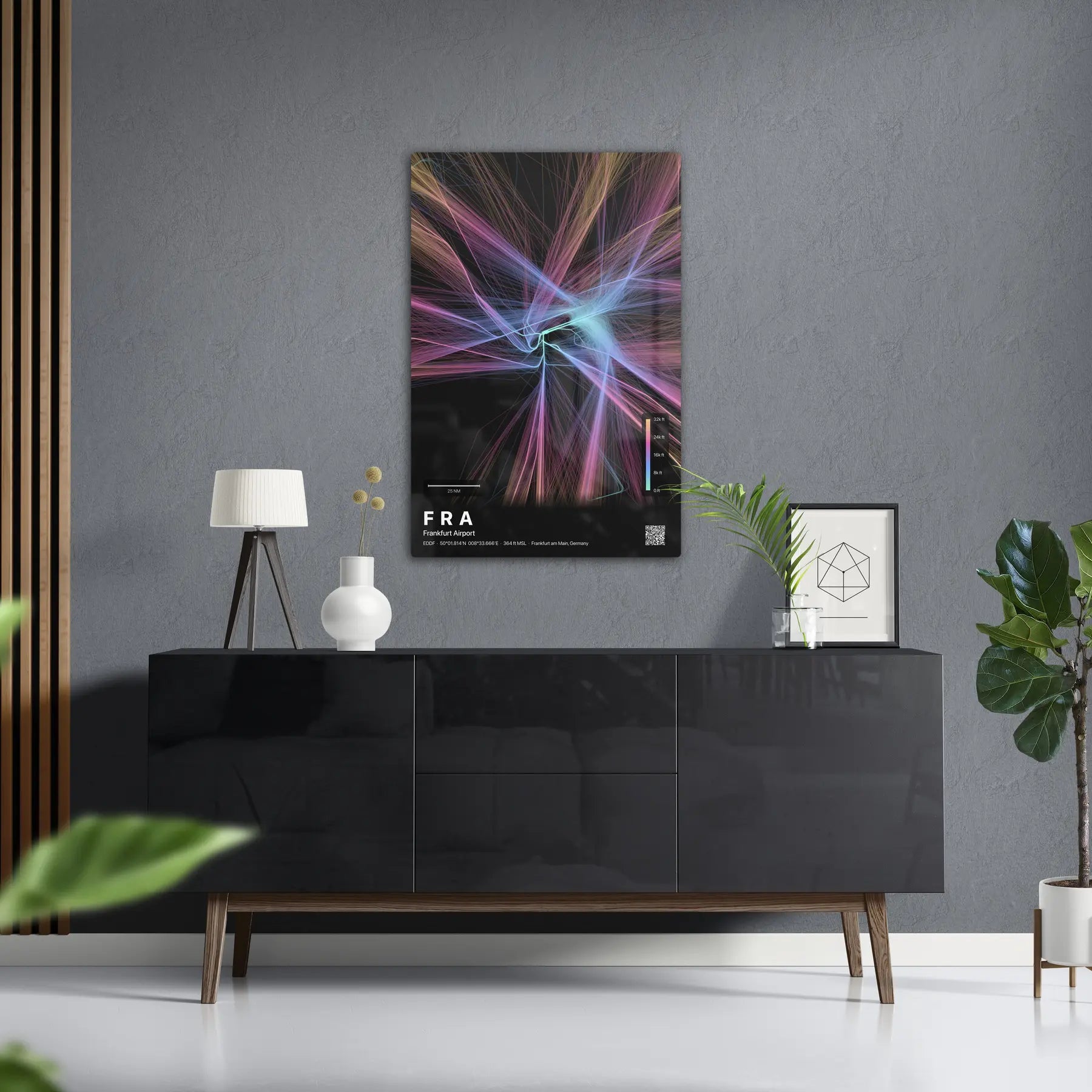 FRA flight path print — Aurora theme · Dark in foyer setting [hotspot:50]