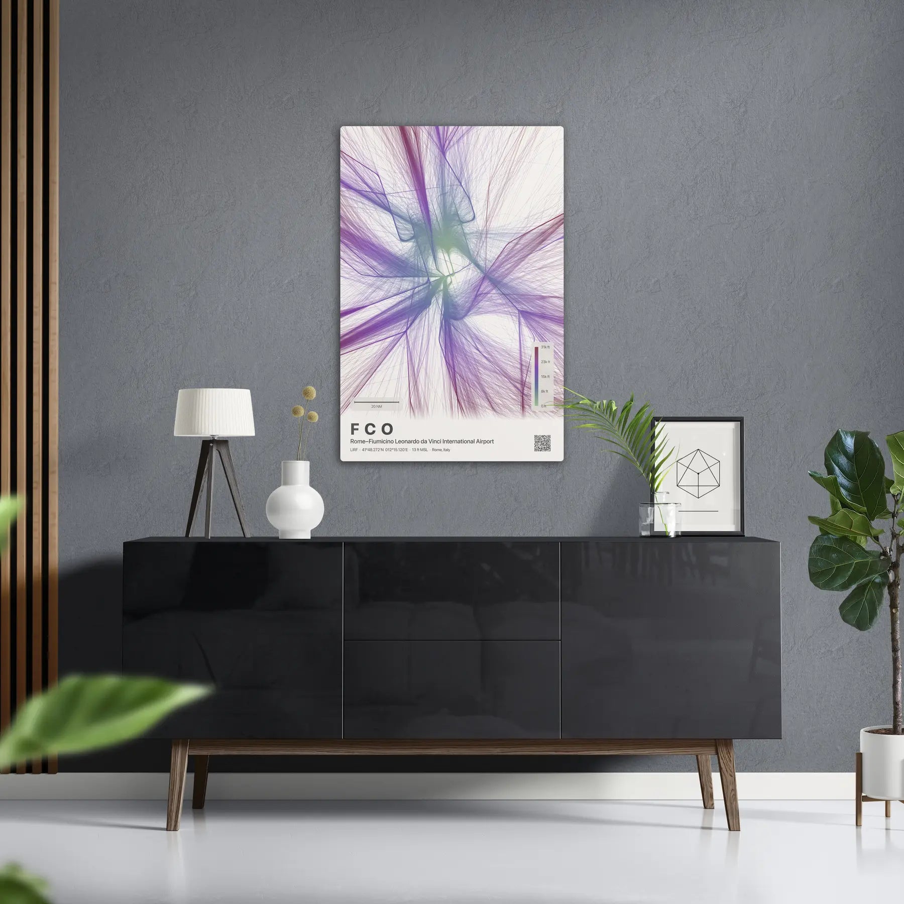 FCO flight path print — Prism theme · Light in foyer setting [hotspot:50]
