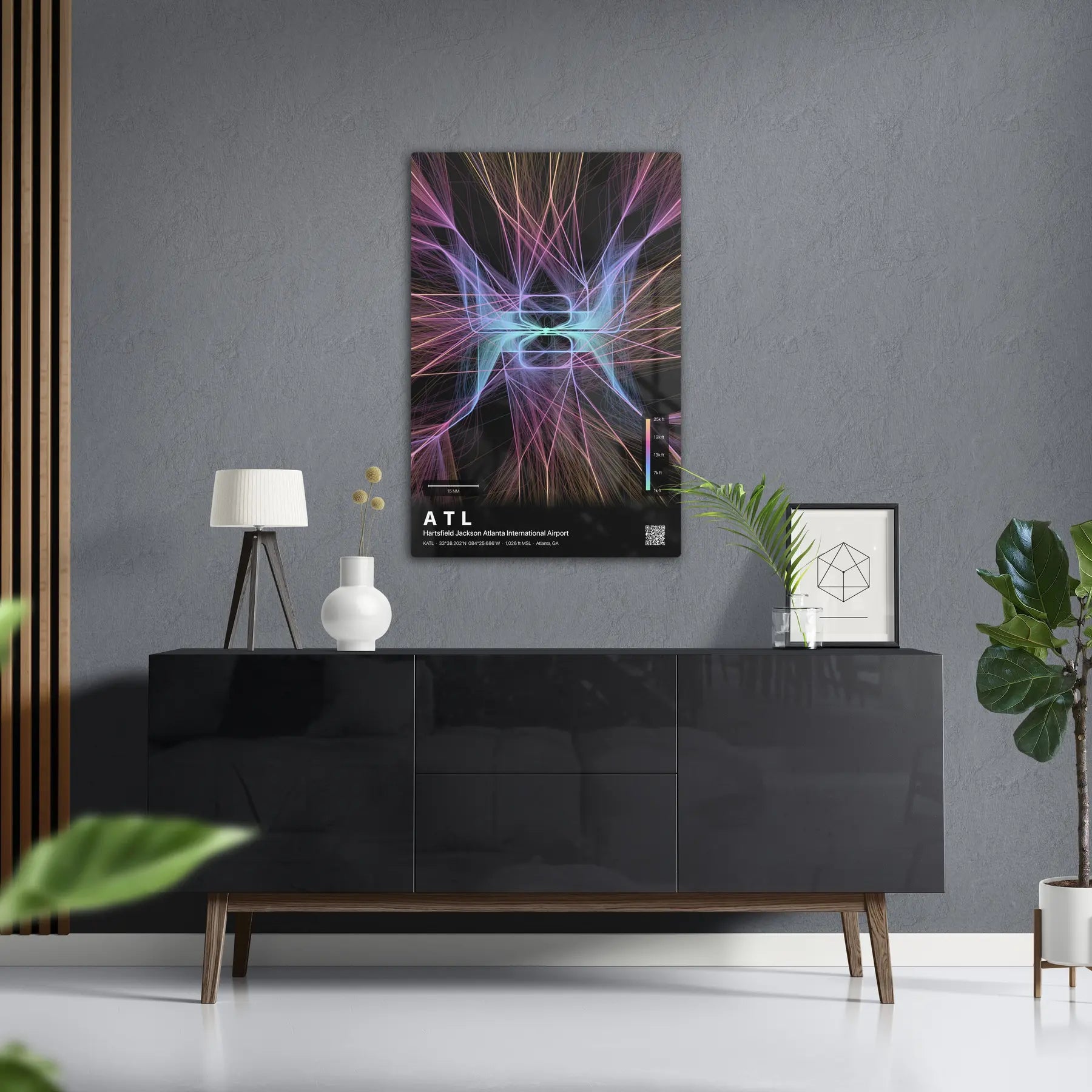 ATL flight path print — Aurora theme · Dark in foyer setting [hotspot:50]