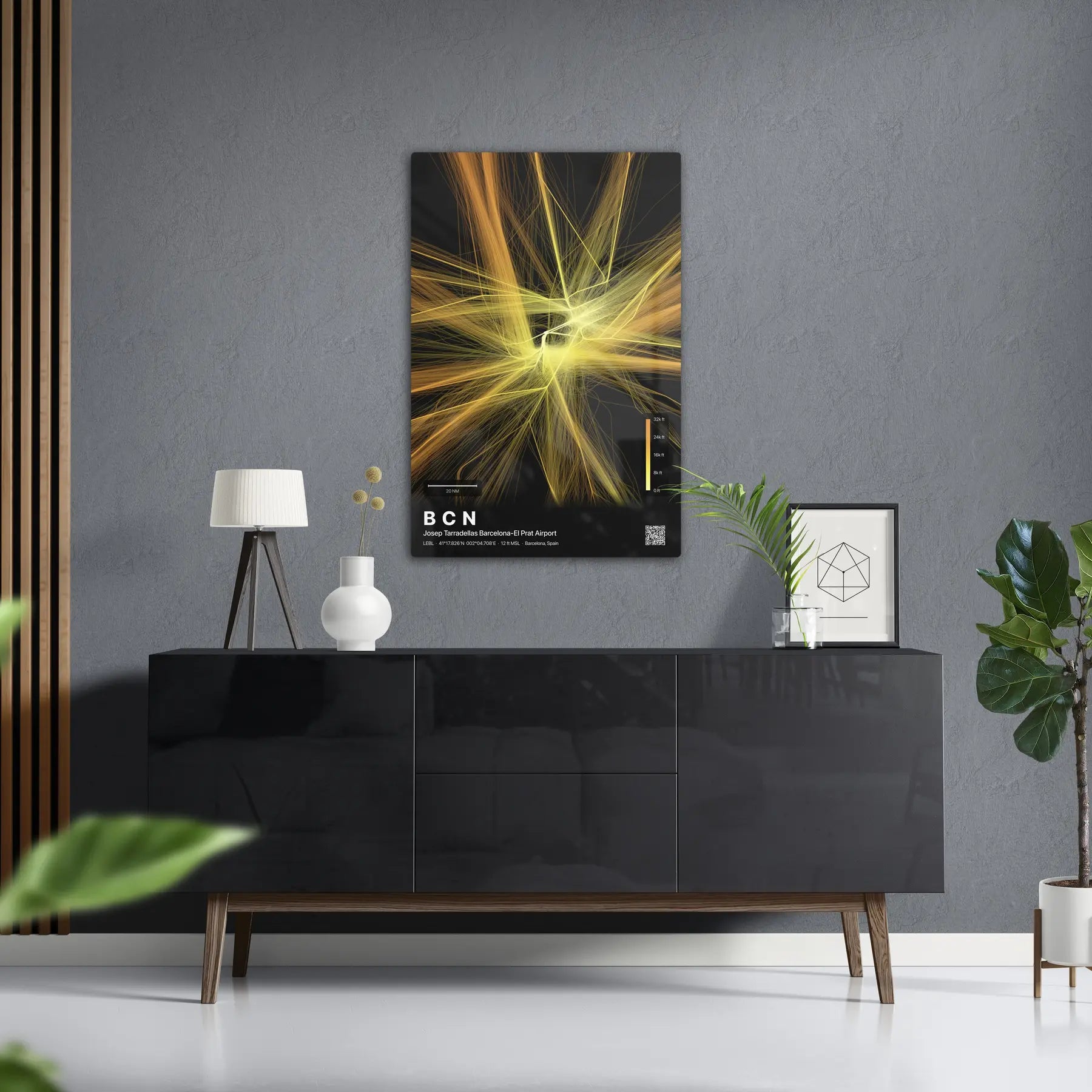 BCN flight path print — Solana theme · Dark in foyer setting [hotspot:50]