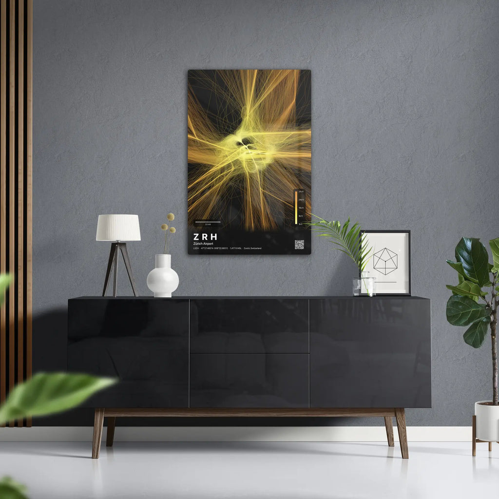 ZRH flight path print — Solana theme · Dark in foyer setting [hotspot:50]