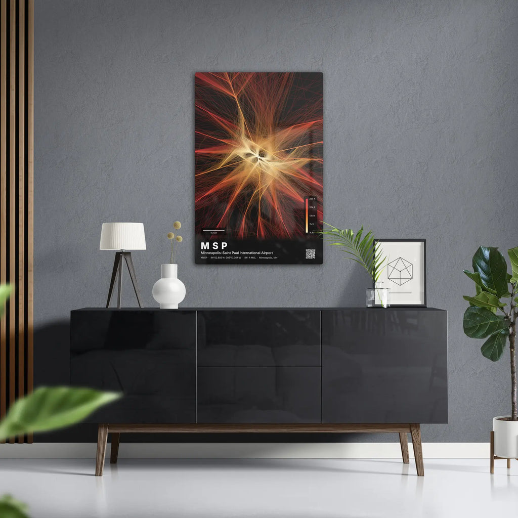 MSP flight path print — Inferno theme · Dark in foyer setting [hotspot:50]