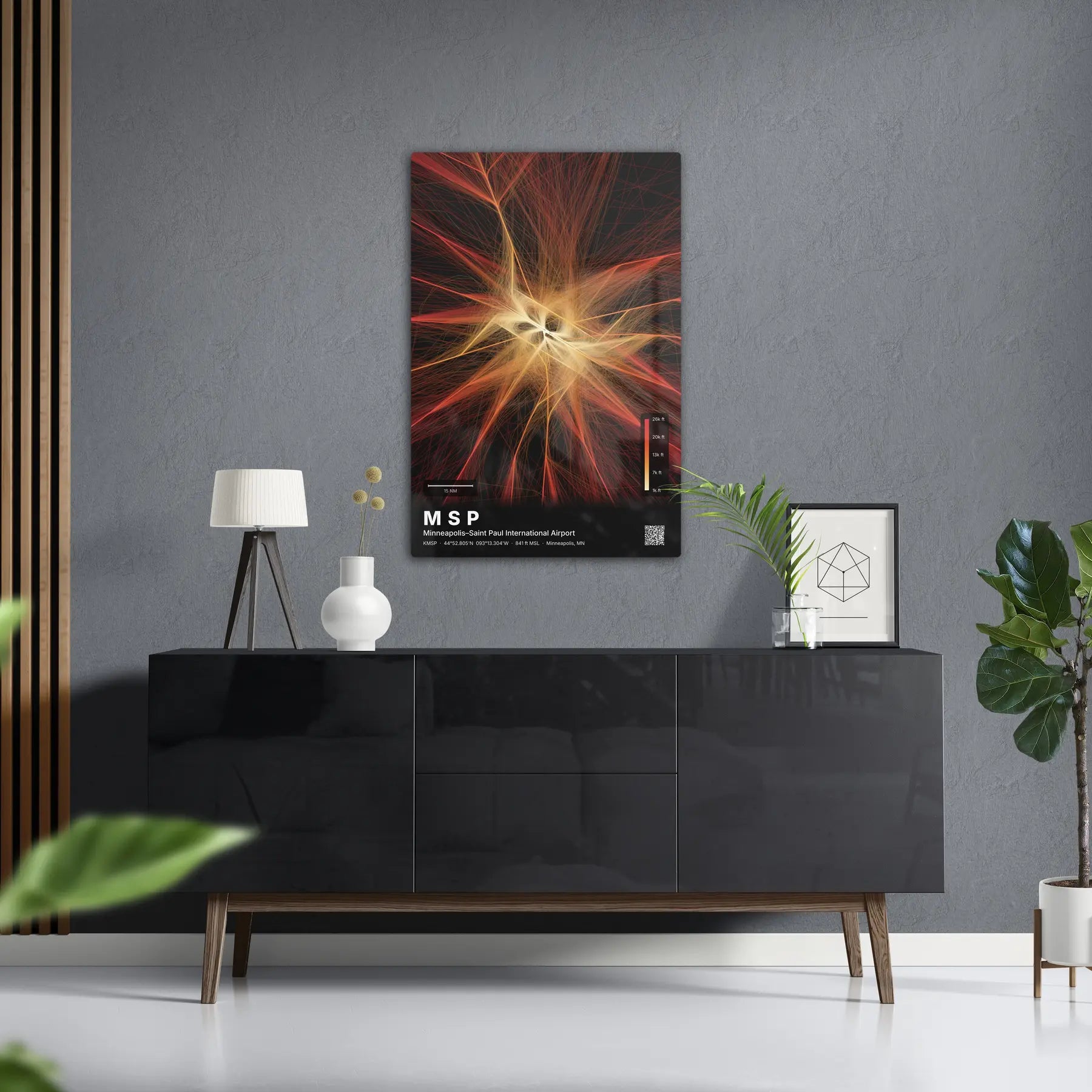MSP flight path print — Inferno theme · Dark in foyer setting [hotspot:50]