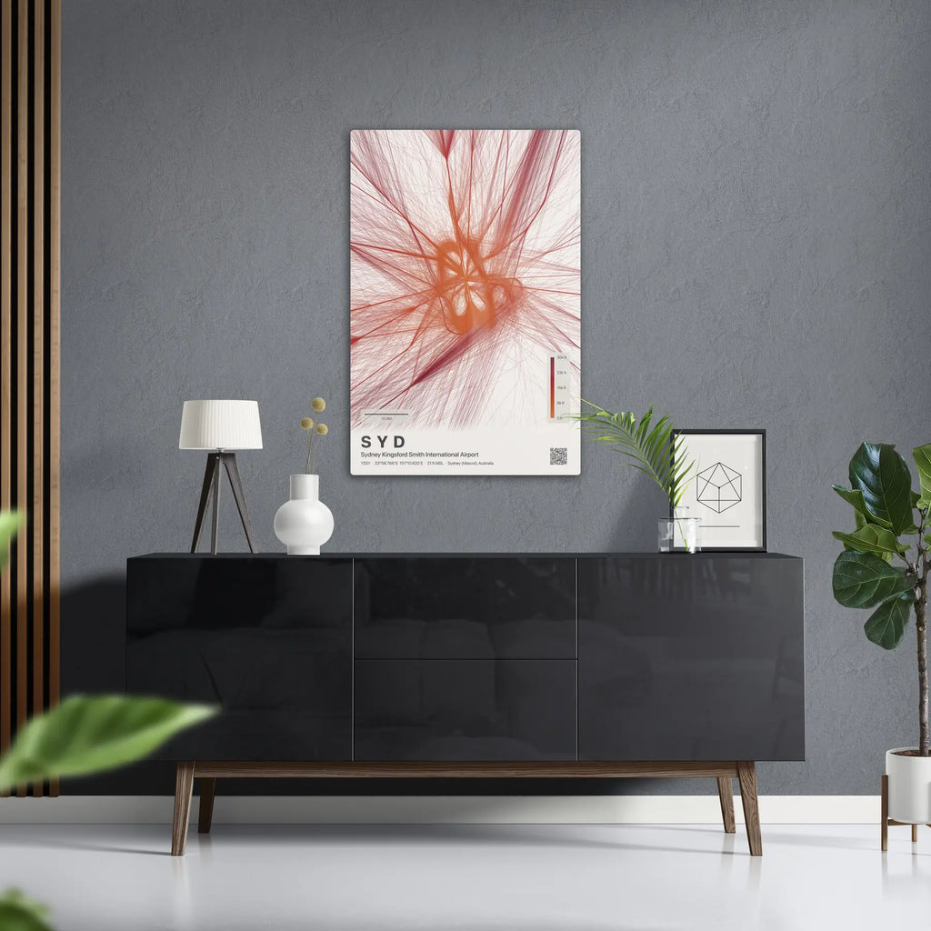 SYD flight path print — Inferno theme · Light in foyer setting [hotspot:50]