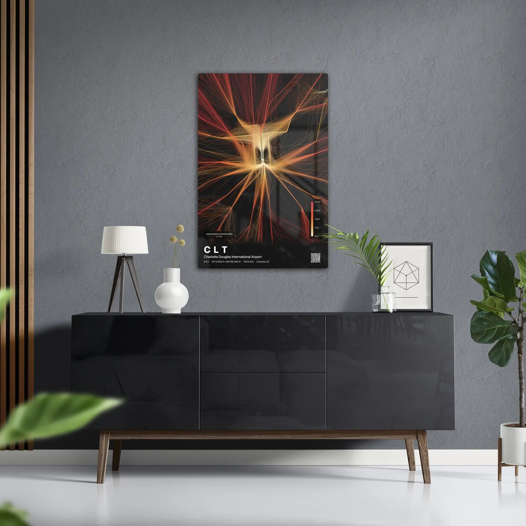 CLT flight path print — Inferno theme · Dark in foyer setting [hotspot:50]