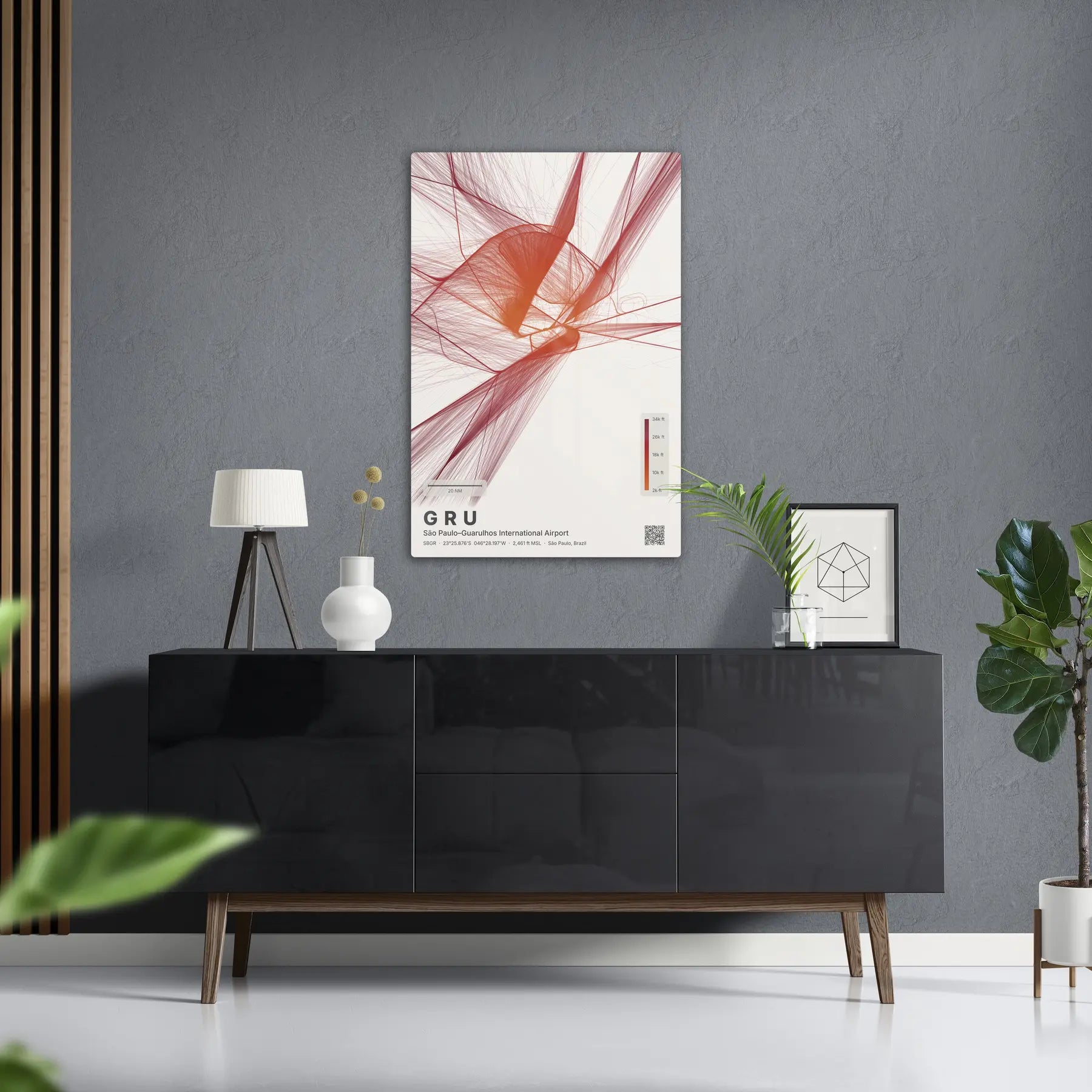 GRU flight path print — Inferno theme · Light in foyer setting [hotspot:50]
