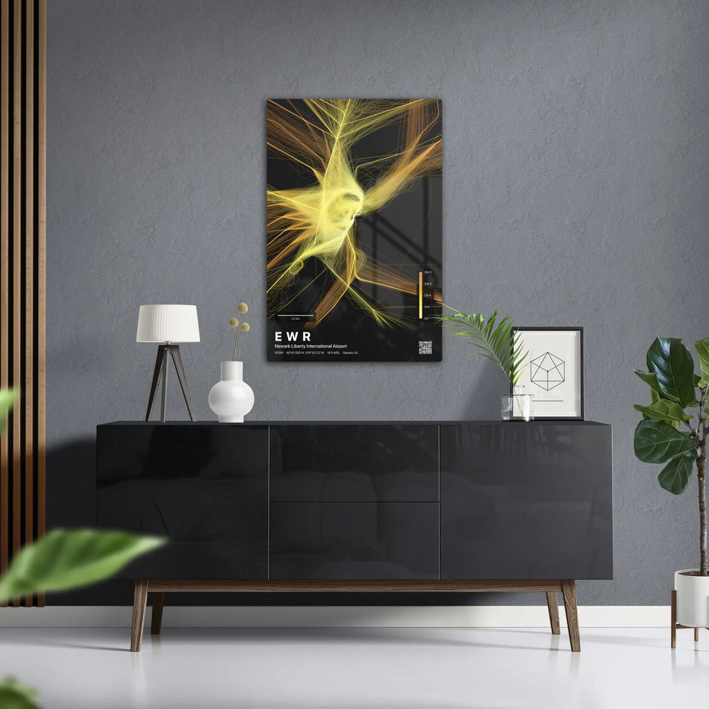 EWR flight path print — Solana theme · Dark in foyer setting [hotspot:50]