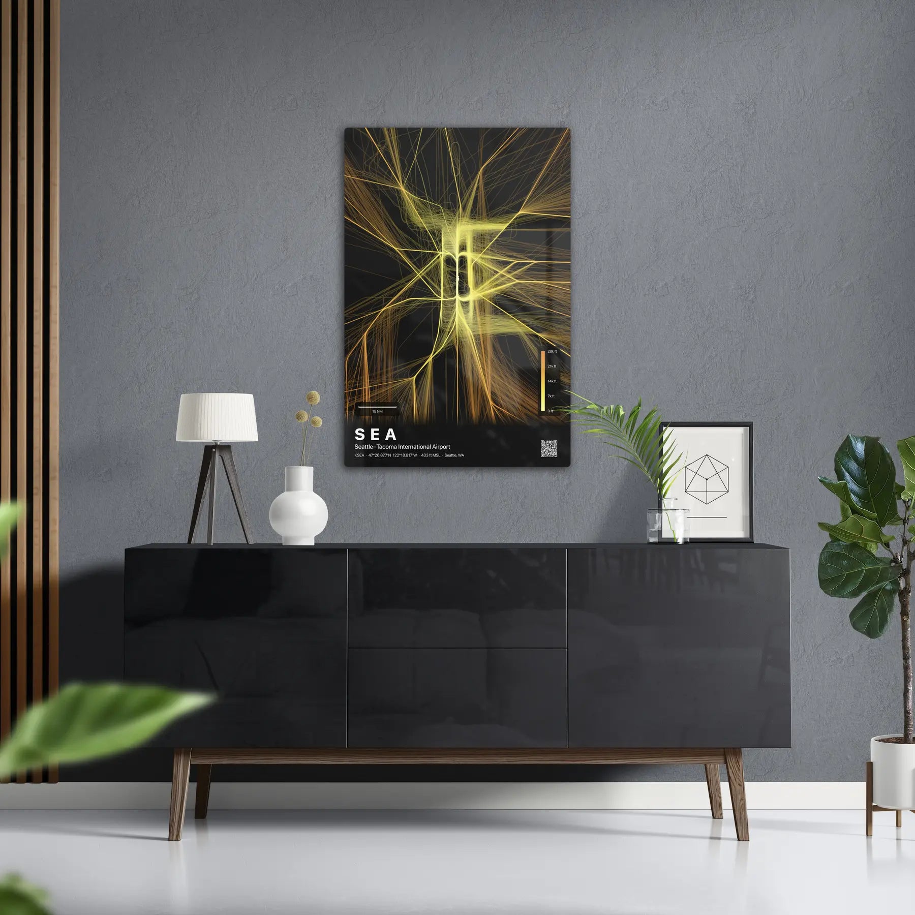 SEA flight path print — Solana theme · Dark in foyer setting [hotspot:50]