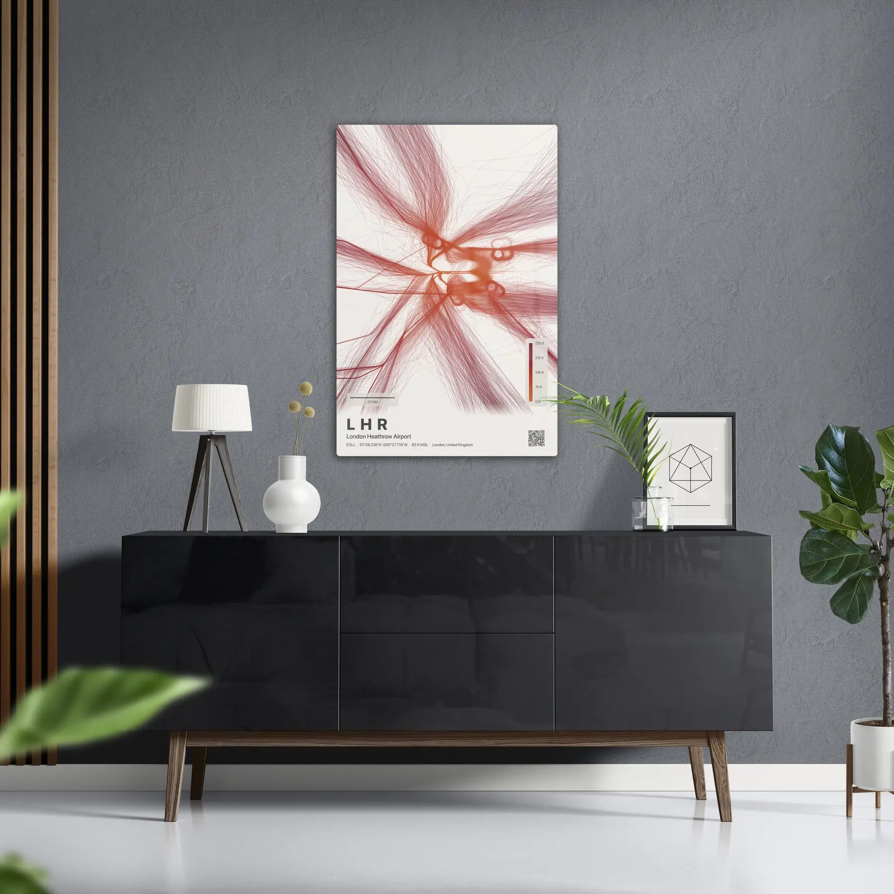 LHR flight path print — Inferno theme · Light in foyer setting [hotspot:50]