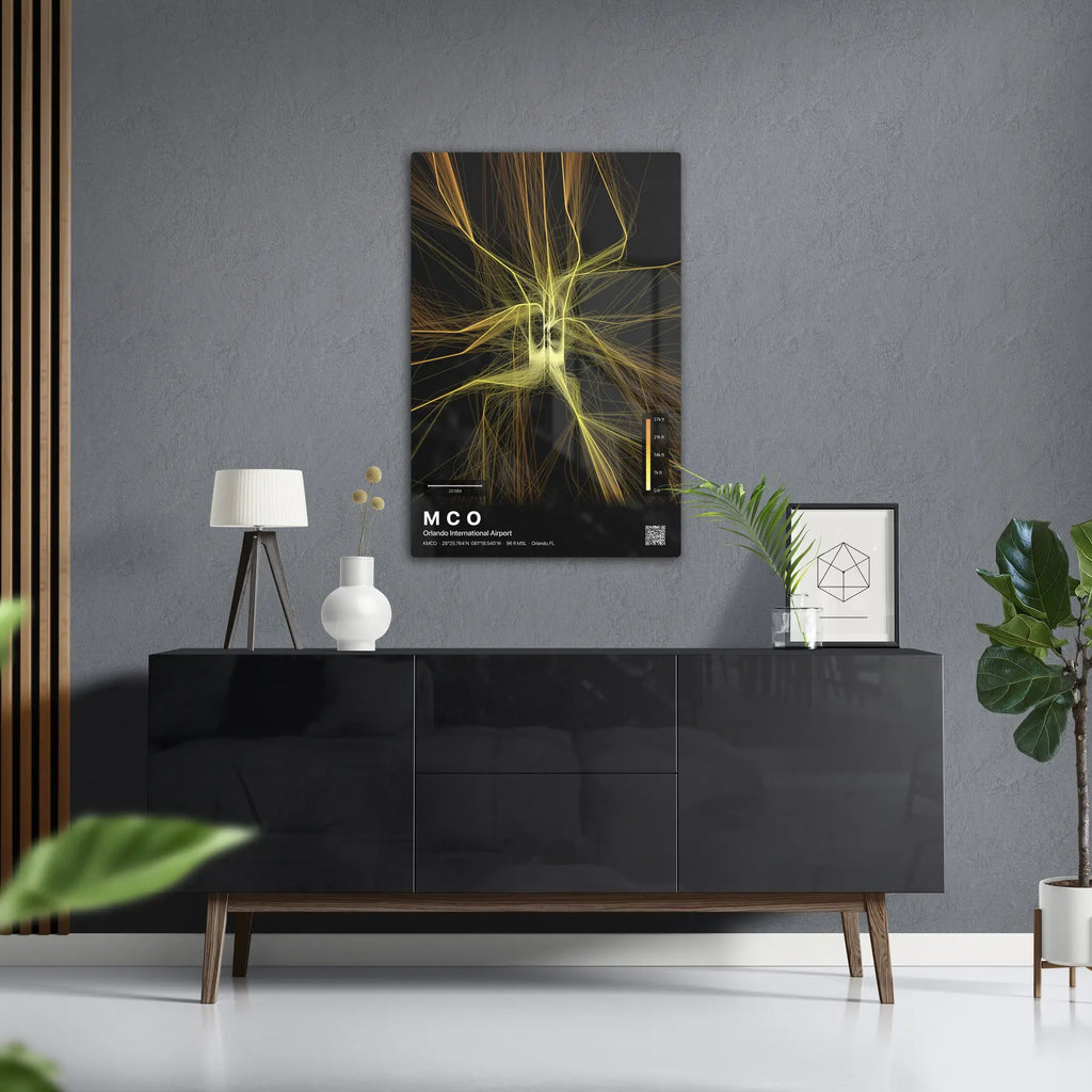 MCO flight path print — Solana theme · Dark in foyer setting [hotspot:50]
